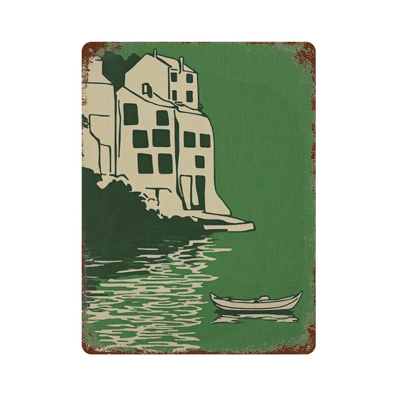 xiaoxiaoshen Italian Coastal Amalfi Style Village Minimal Seaside Boats Mediterranean Wall Decor Art Metal Tin Poster Modern Home Decor Art Home Bar Shop Decorations Vintage Sign 40x30cm