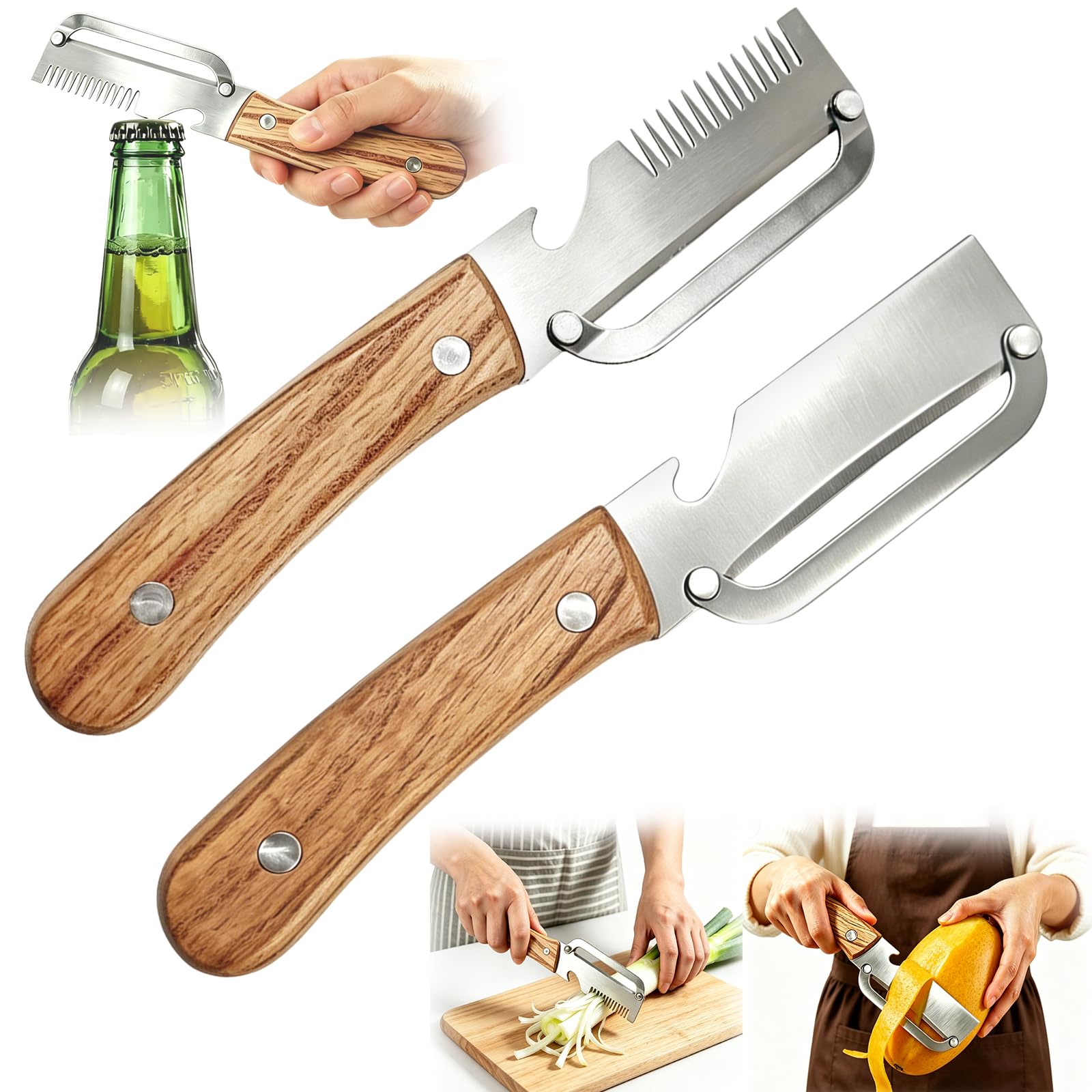Photo 1 of Dexspoeny 2 Pcs Multi-Functional Vegetable Peeler, Stainless Steel Blade with Wooden Handle, 3-in-1 Fruit Peeler with Bottle Opener and Grater, Kitchen Tool for Apple Potato Pumpkin Fruit Veggie