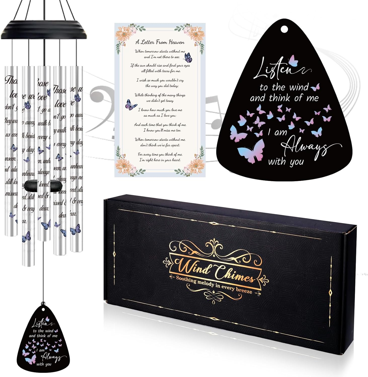 32'' Memorial Wind Chimes for Outside Butterfly Sympathy Wind Chimes Memorial Gift for Loss of Loved One Mother Father Husband Bereavement Chimes