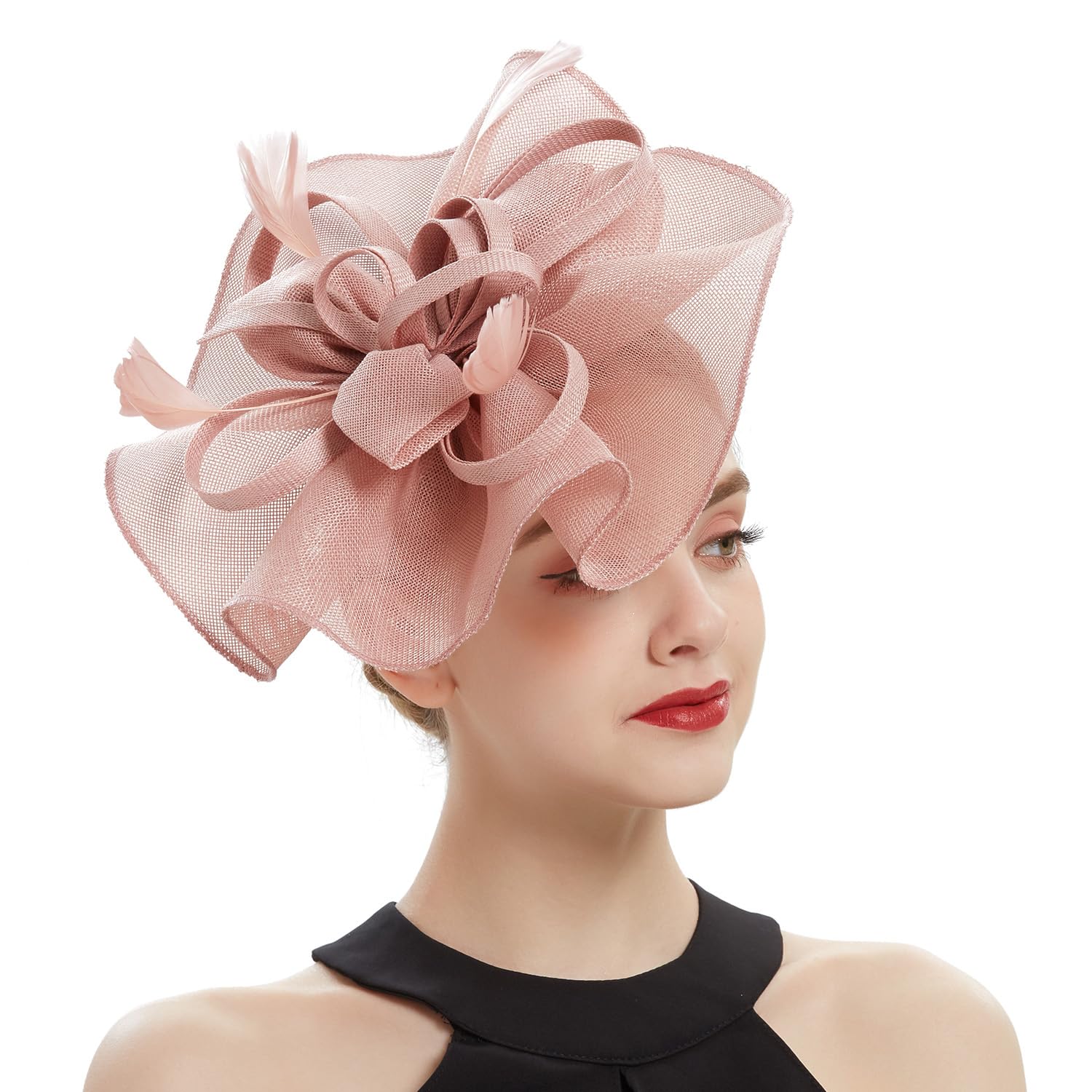 Brawlady Women's 5808Pink Sinamay Flower Fascinator Hat With Feather, Church Wedding Derby Cocktail Tea Party Headpiece For