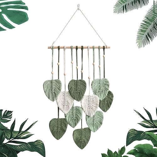 Hojas colgantes de pared de macramé, decoración de pared bohemia con borlas de hojas tejidas con plumas, decoración de pared de plumas de hojas disponible en Yaxa Peru