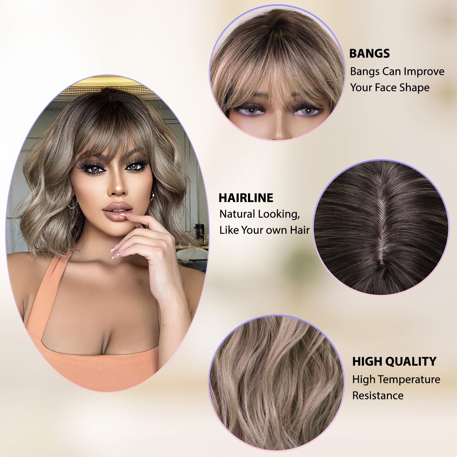 Amazon.com: XIXISNOW Ash Brown Short Bob Wavy Wigs with  display picture 3