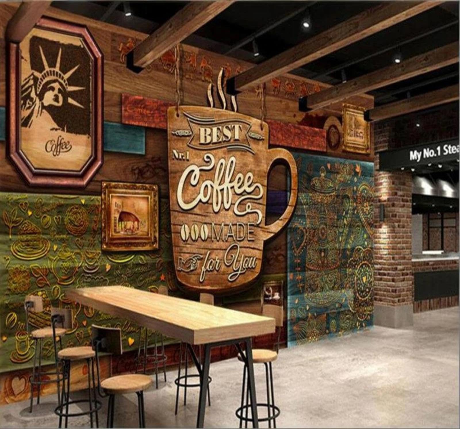 Wallpaper-3D-Xlm 400Cm×280Cm(B×H) Vintage Woodgrain Relief Coffee Café 3D Wallpaper Easy Install Feature Office Living Room Sofa Bedroom Tv Background Wall Decoration-400Cm×280Cm
