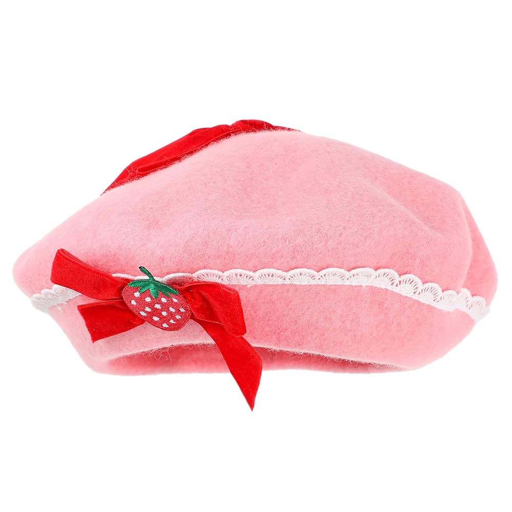 GALPADA Beret Strawberry Bow Woolen Beret Pink Strawberry