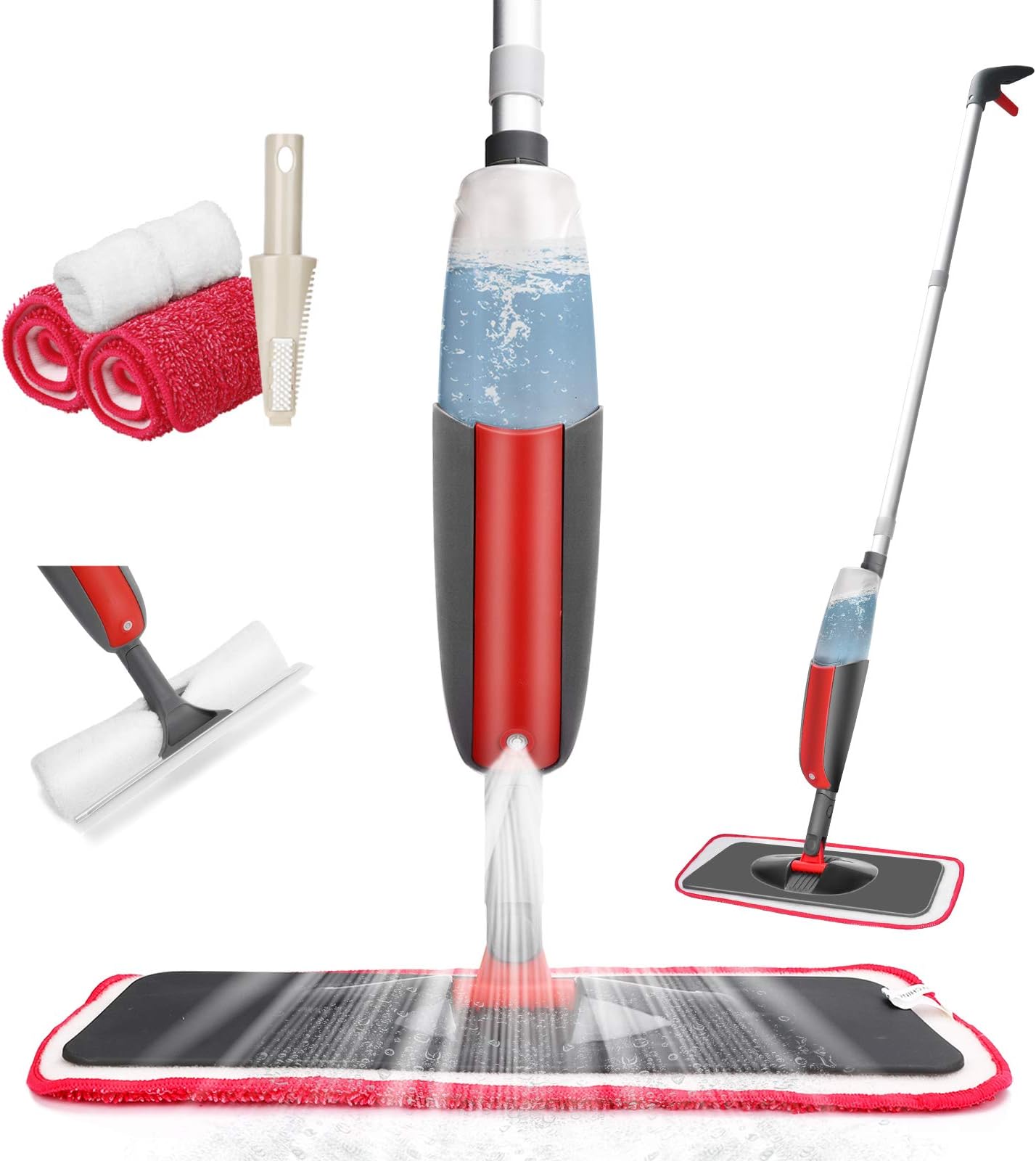 Tencoz Spray Mops, Floor Mops Cleaning Kitchen Mop with 4 Mop Pads for Hardwood, Red