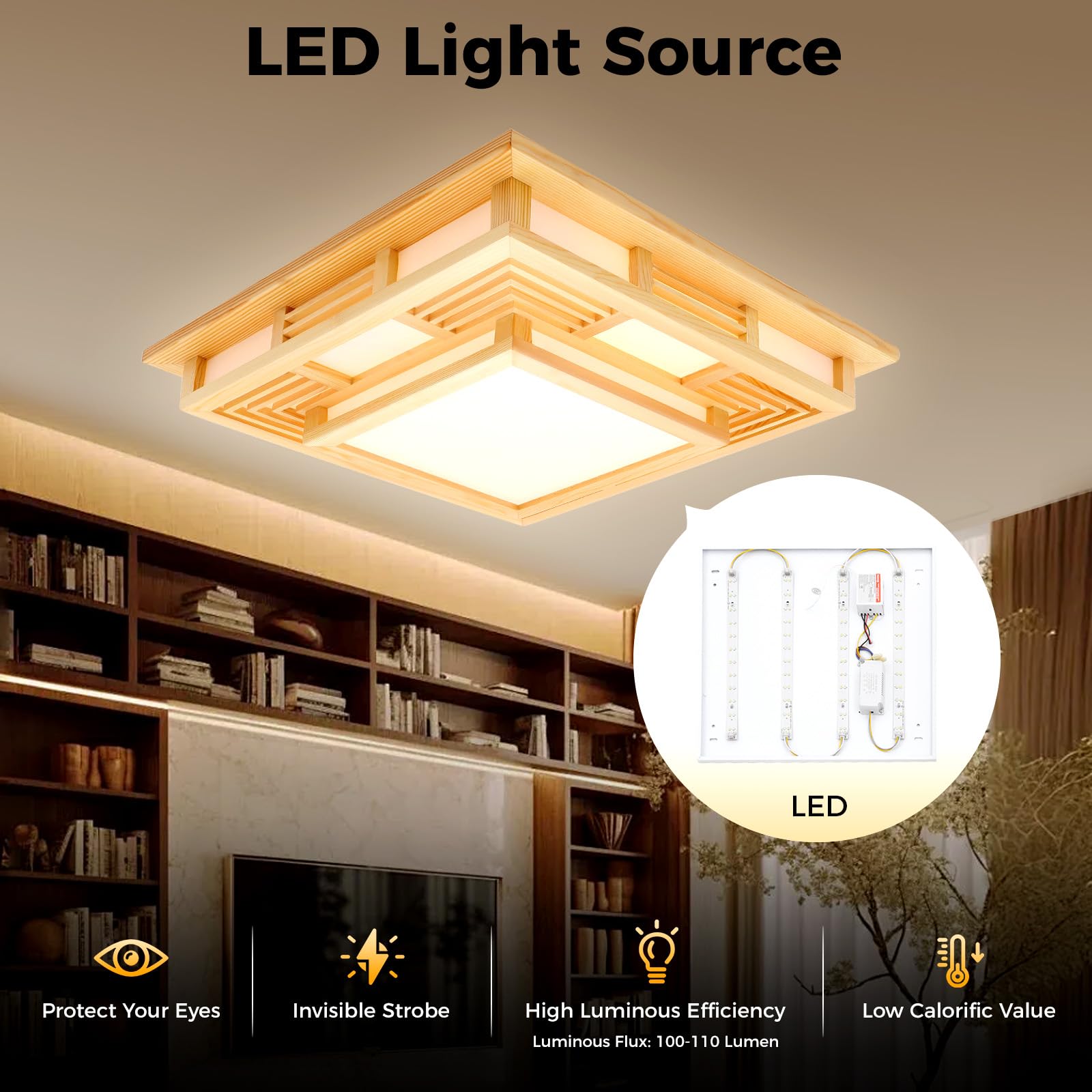 Plafón LED cuadrado, techo de madera, tres colores ajustables con mando a distancia, diseño japonés moderno, alcance del mando a distancia, aproximadamente 5 metros, sombra cerrada, para salón