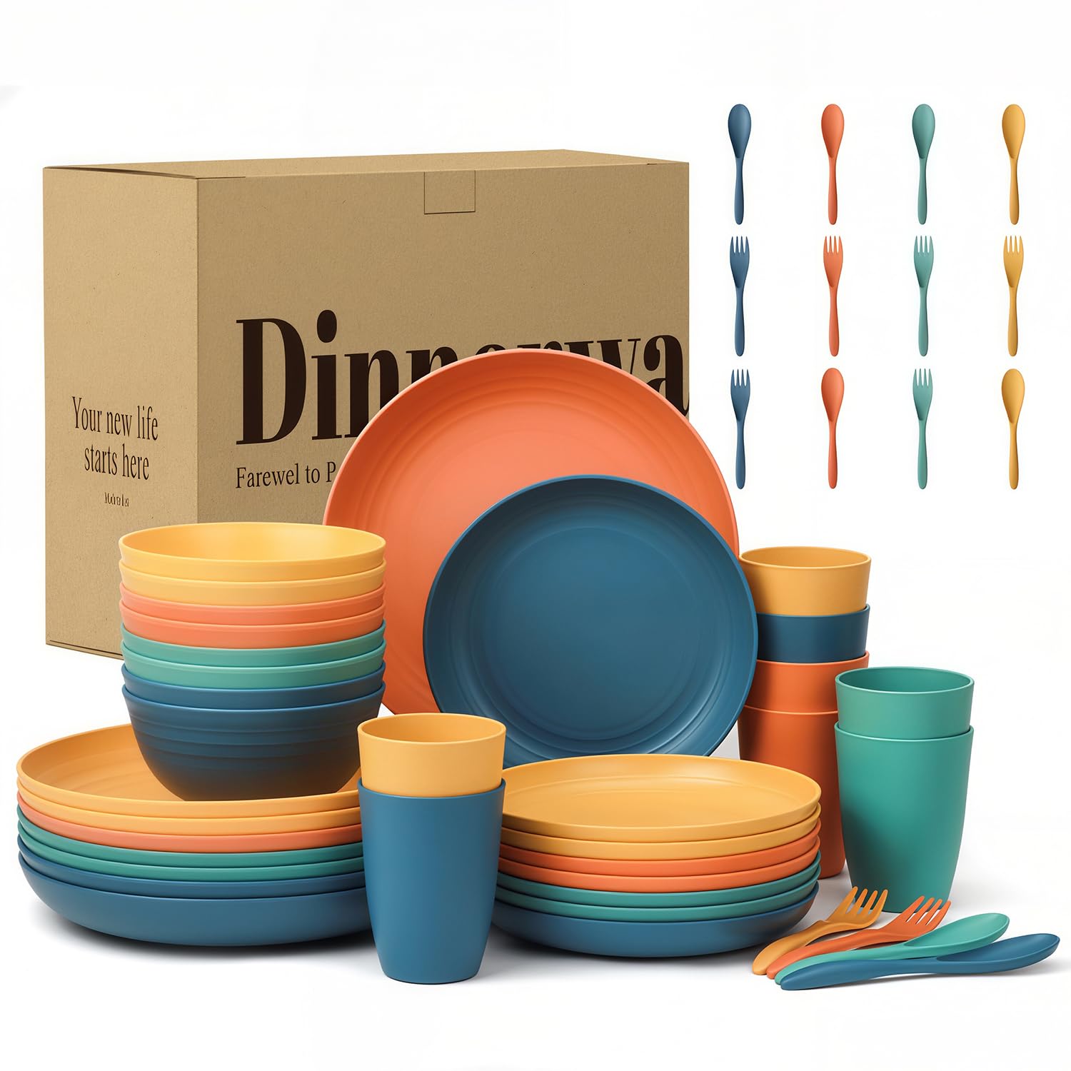 Wrova Plastic Dinner Set 48-Piece | Reusable Camping Cutlery Service for 8 | Cups, Bowls, Plates & Cutlery, Reusable Plates Set for Everyday & Entertaining, Microwave & Dishwasher Safe-Multicolors