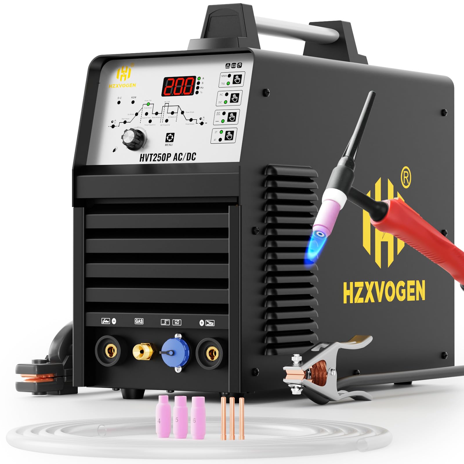 H HZXVOGEN TIG Welder AC DC with Pulse, 200A Aluminum TIG Welder with Square Wave 110V/220V IGBT Inverter HF TIG/Pulse TIG/Stick Welder Machine