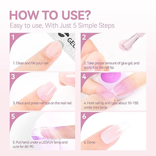 Miniatura 9 de Gelike EC Pegamento de uñas de gel con luz UV esmalte de uñas de gel adhesivo rosa 6 en 1, pegamento fuerte para uñas a presión, puntas acrílicas,