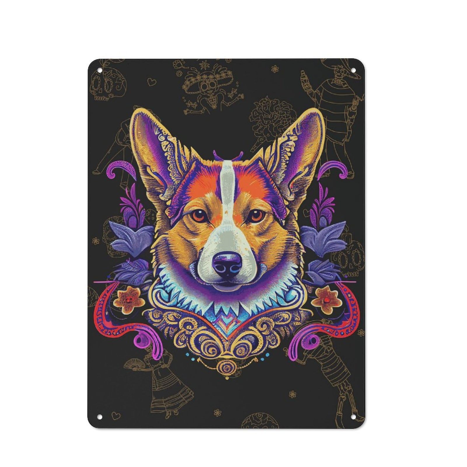 Junmoney Style-6 Warehouse Style Tin Wall Sign 40X30cm Featuring Day Of The Dead Corgi Art, Loft Wall Plaque For Loft, Studio, Office Or Creative Room