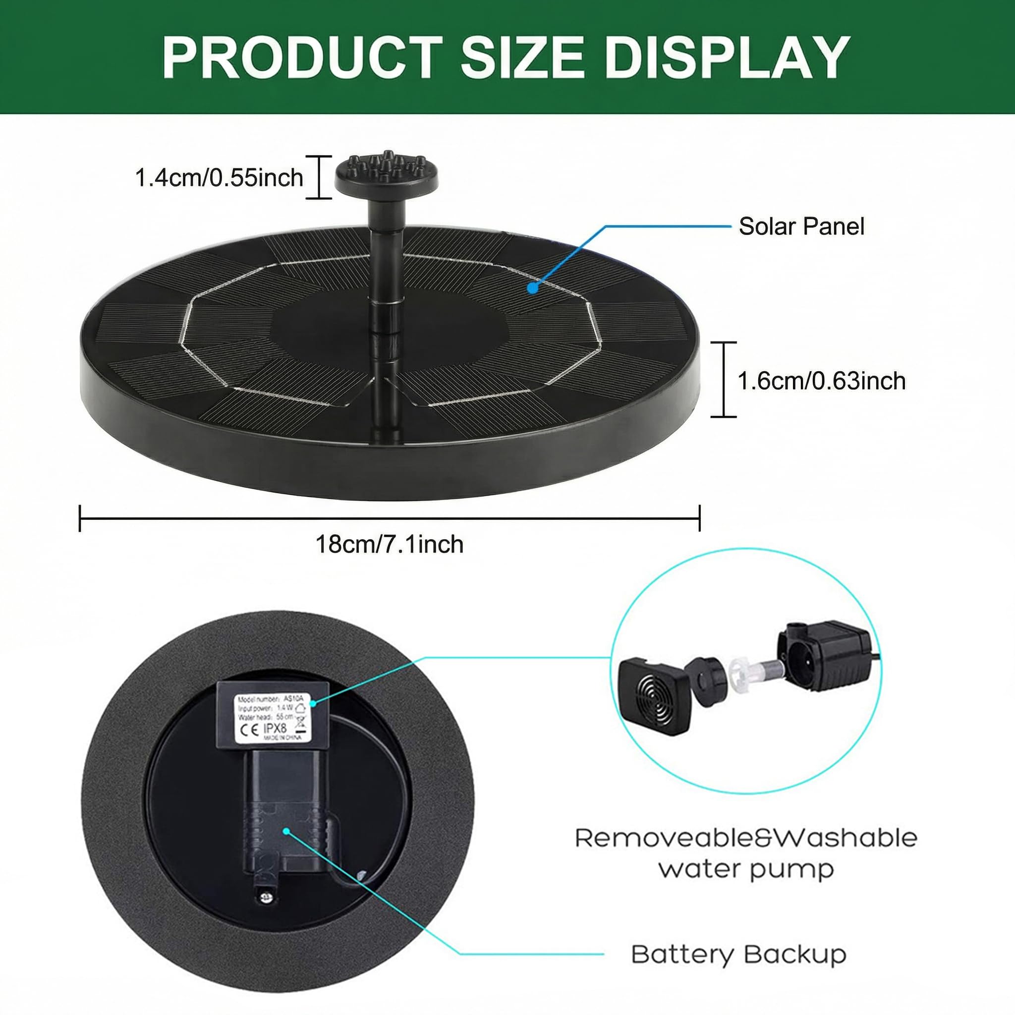 Fuente solar con 3,5 W, 2026, bomba de agua solar para estanque, funciona en días turbios, bomba de fuente flotante solar con 6 boquillas para jardín, baño de pájaros, peces (18 cm)