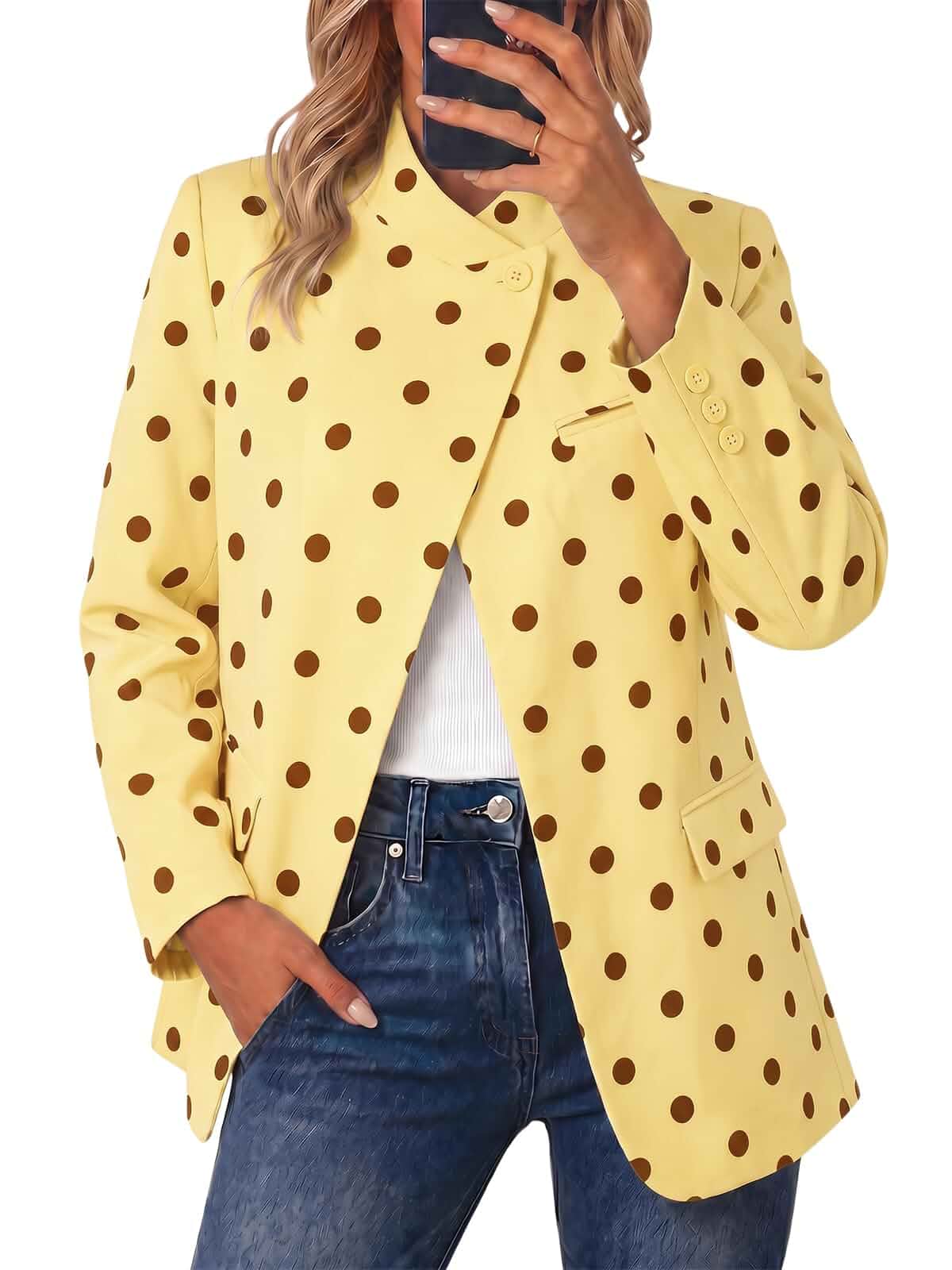 Cicy Bell Women Plaid Blazer Business Stand Collar Open Front Suit Jacket One Button, Casual Trendy, Work Office, Fall Spring Suit Blazer, Long Sleeve Button Cuff, Front Flap Pockets, Back Split