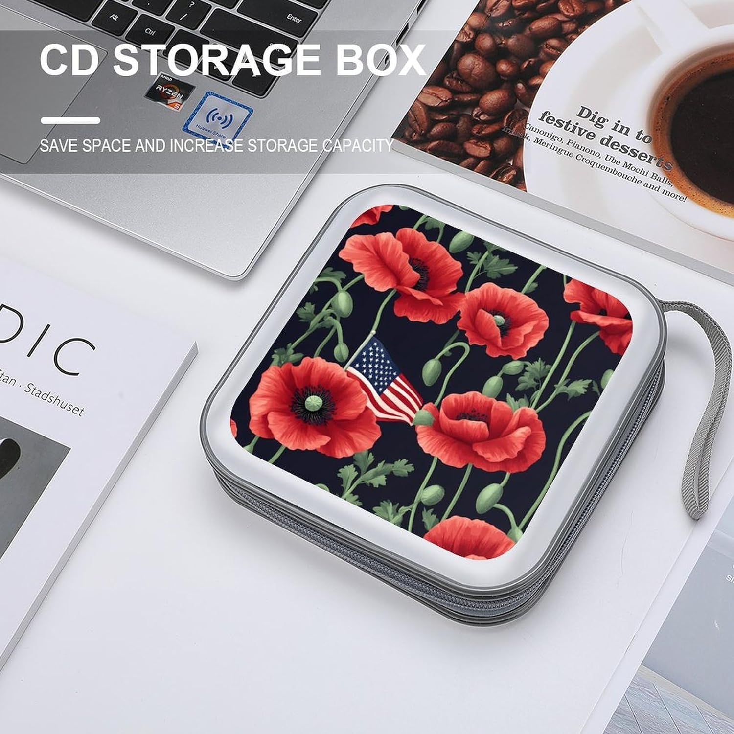Memorial Day U.S.A Flags with Flowers Protective CD Case Storage Rack 40 Capacity DVD Holder Organizer Car Travel