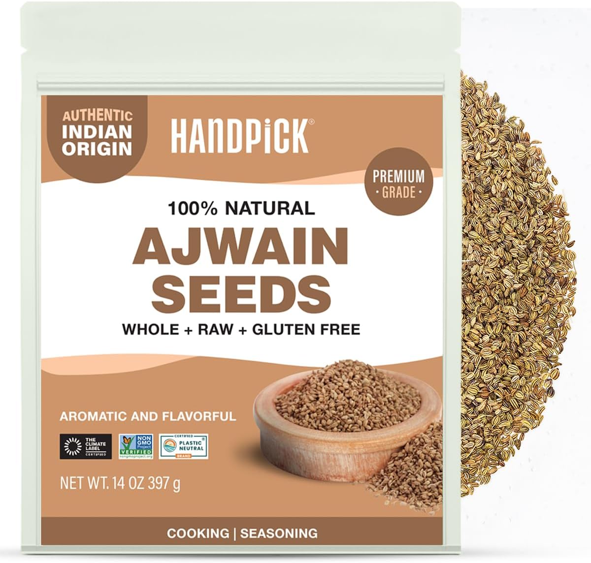 HANDPICK Ajwain Seeds (397g/14oz) Whole Carom Seeds | Vegan, Gluten free, Non GMO | Raw Carom Bishops, Indian Origin | Packed in Resealable Ziplock Pouch