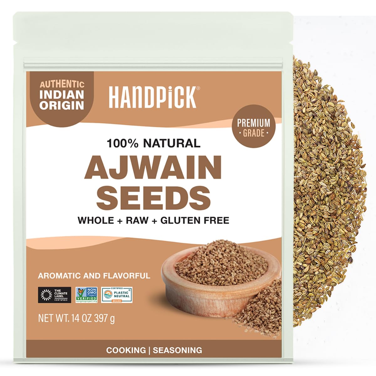 HANDPICK Ajwain Seeds (397g/14oz) Whole Carom Seeds | Vegan, Gluten free, Non GMO | Raw Carom Bishops, Indian Origin | Packed in Resealable Ziplock Pouch