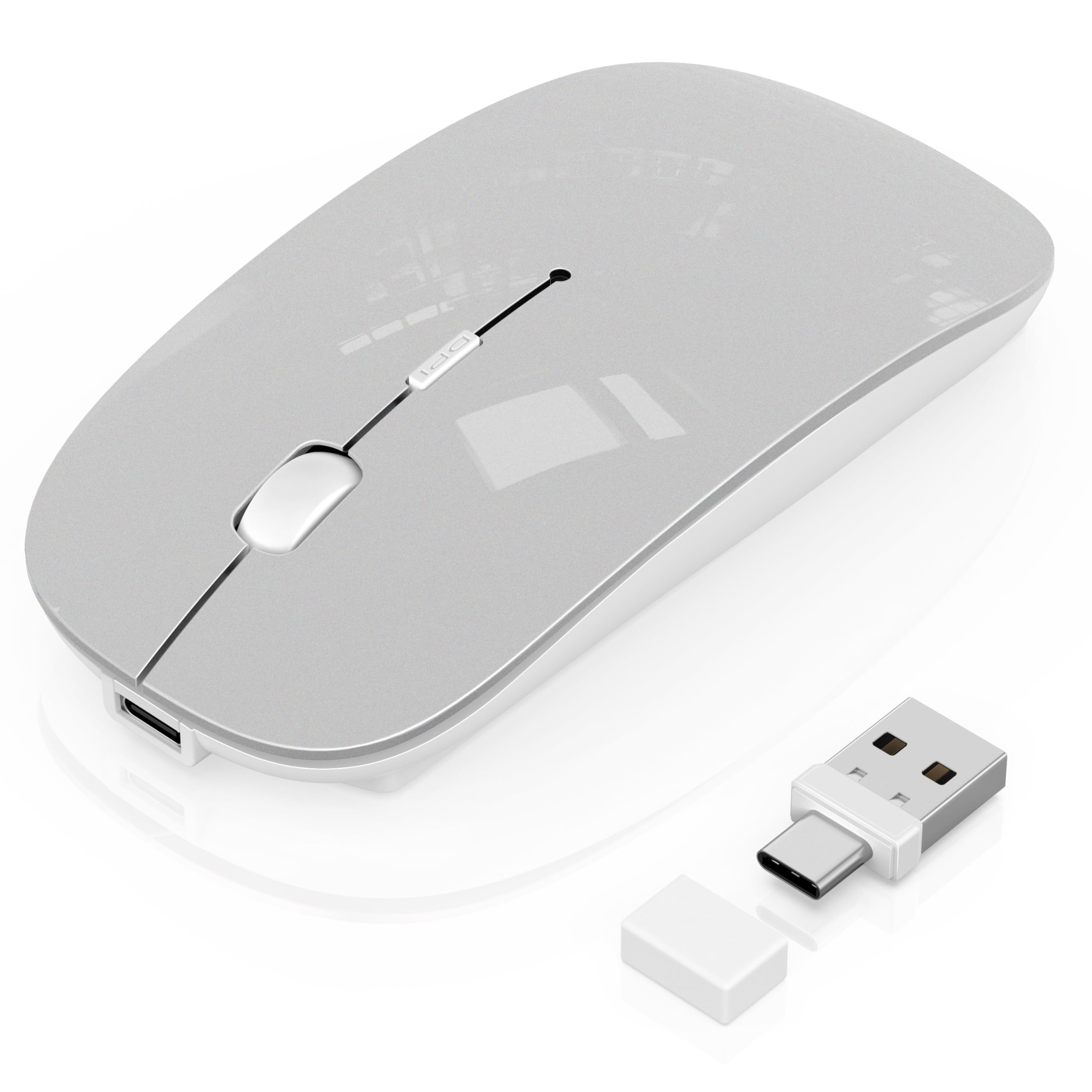 Photo 1 of Gizdot Wireless Mouse for MacBook Pro/Air, Bluetooth Rechargeable Mouse with USB-C, Slim Mouse Jiggler for iPad/iMac/Laptop/PC, 2.4G Dual Mode, Silent Click, Compatible Mac OS/Windows, Silver