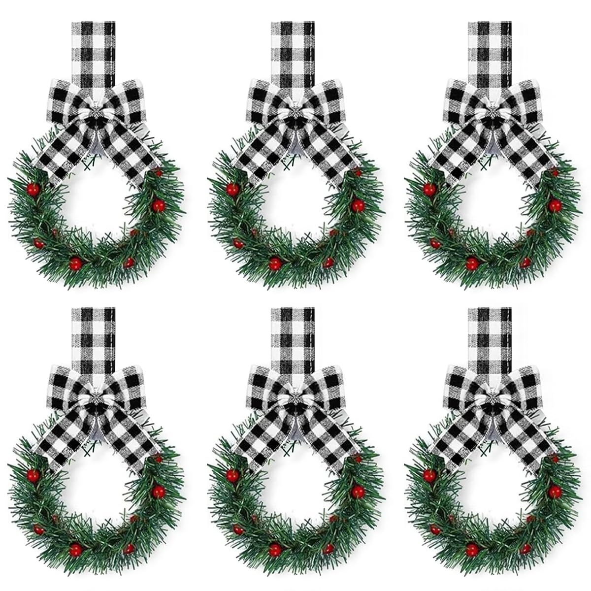 6Pcs Mini Christmas Wreath, Greenery Wreath with Bow for Door (Black)
