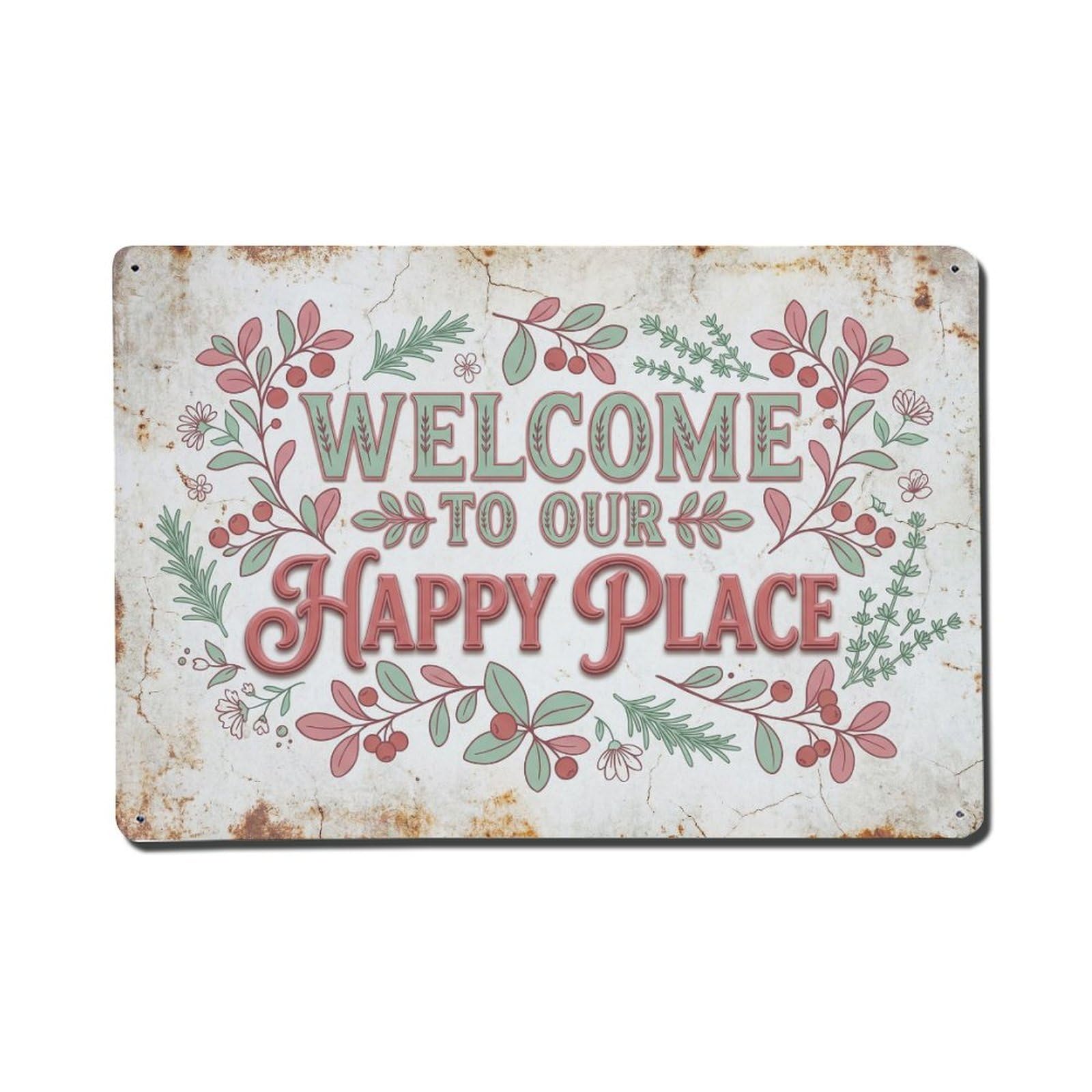 Welcome To Our Happy Place Teaberry Garden 1 Metal Tin Sign Plaque Wall Decor for Cafe, Club Bar, Office, Home Garden Metal Poster 8x12Inch