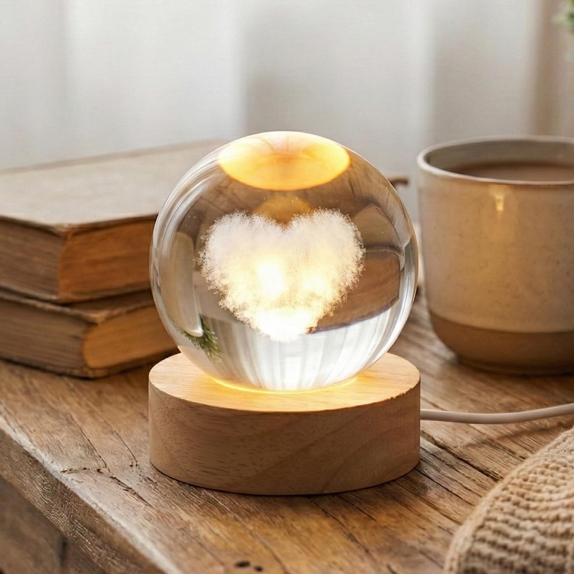eCraftIndia 3D Love Heart Transparent Crystal Ball Night Lamp with Wooden Base Showpiece | Table Lamp for Home Decor Bedroom Hotel Living Room Romantic Gift for Valentine Day Birthday Anniversary