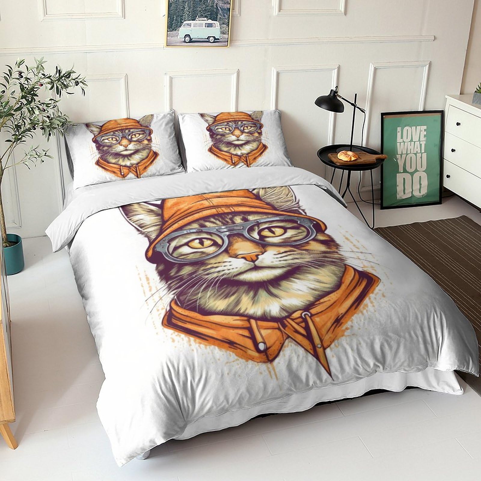 DOUKI gatto，Copripiumino 3D Stampato,Motivo Anime,Con Chiusura Lampo,Copripiumino Stampato Con Federe, carino King（220x240cm）