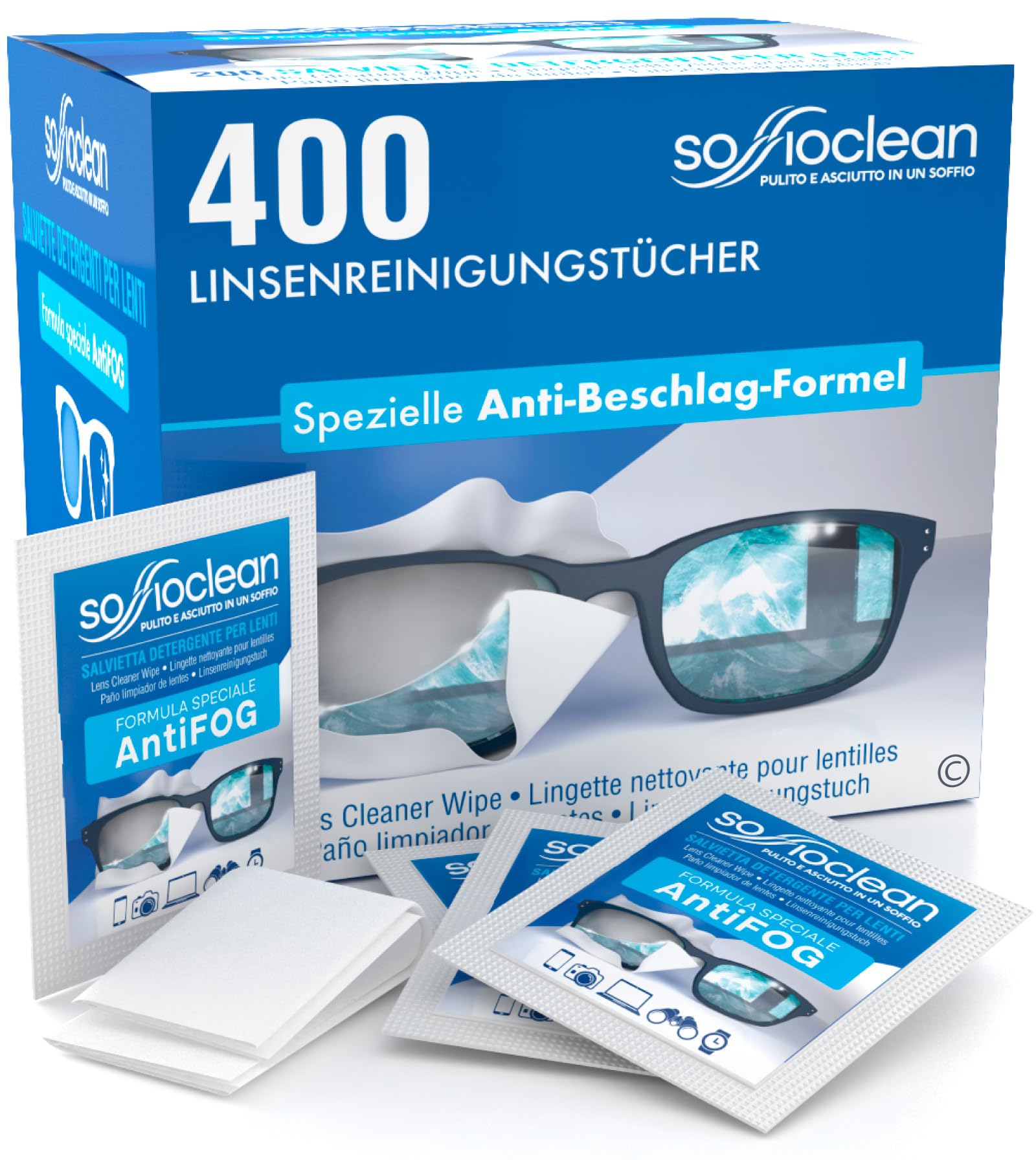 400 Brillen-reinigungstucher Soffioclean Brillenputztücher und Reinigung von Displays Bildschirmen - Antibeschlag und Entfernen Schmutz und Fett - Empfindlich und Wegwerfbar