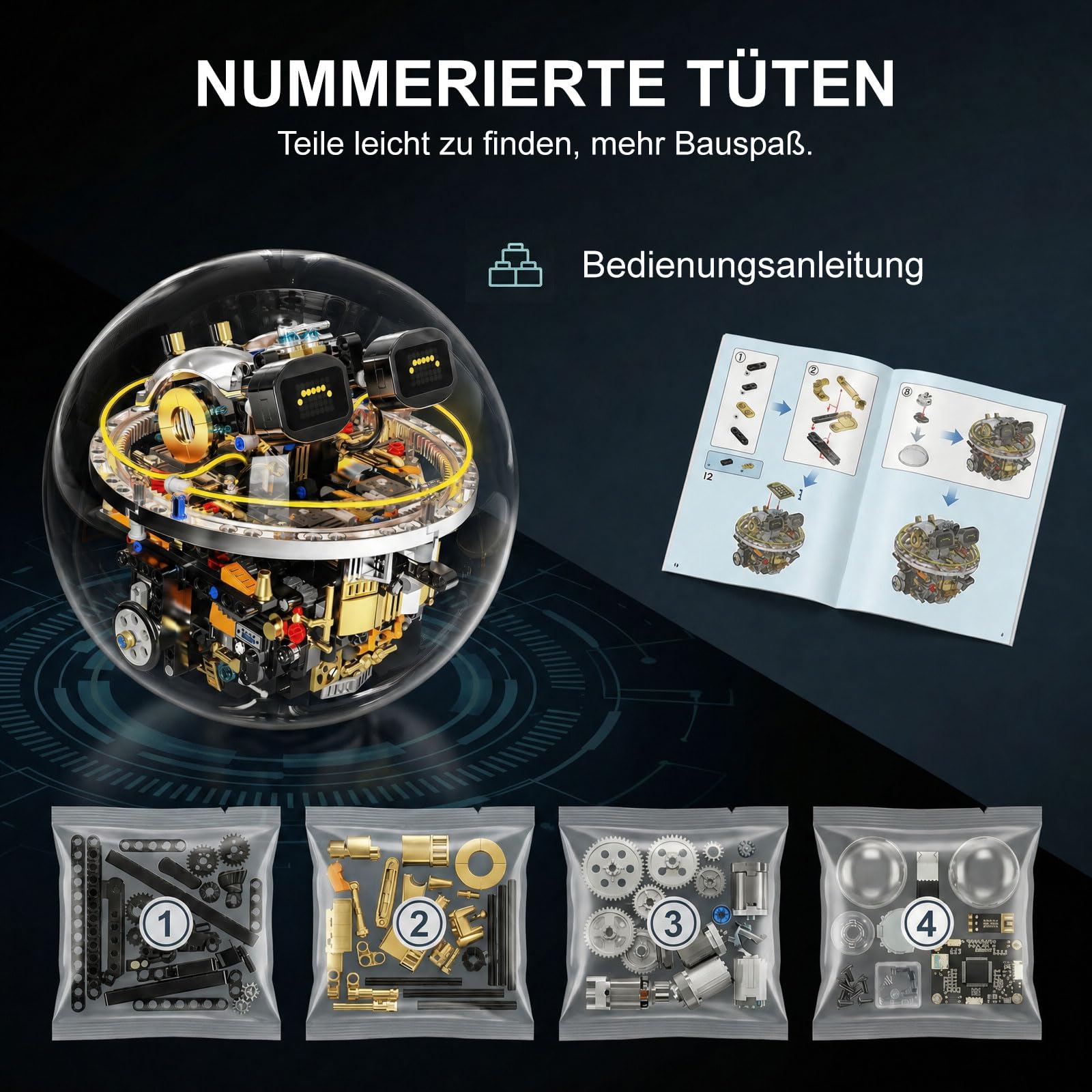 Roboter Bausatz ab 8 Jahren, Programmierbarer STEM Roboter, 804 Teile Technik Spielzeug, APP & RC Steuerung, Sphärischer RC Roboter für Kinder, 17 LED Ausdrücke, Lernspielzeug