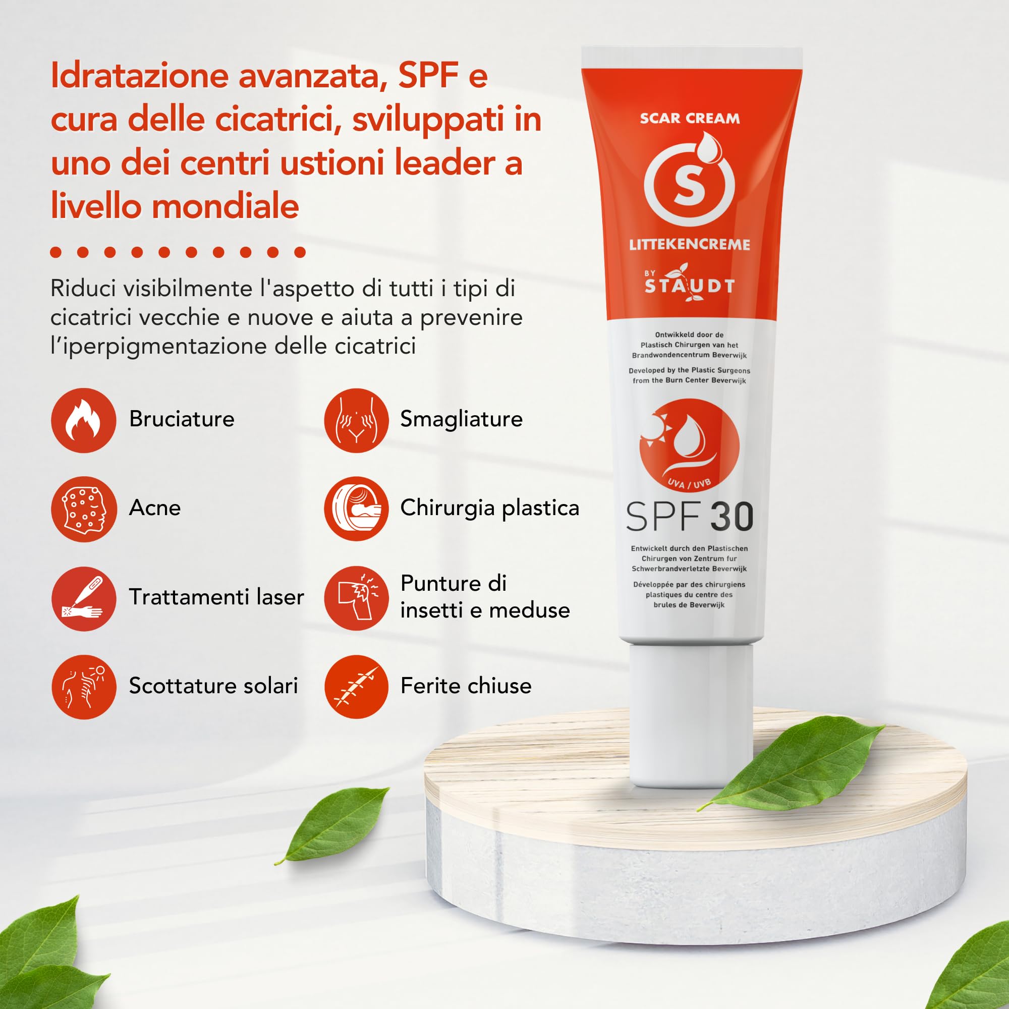 Crema per Cicatrici Staudt Premium con SPF30 - Gel di Silicone Avanzato per Cicatrici Chirurgiche e Vecchie - Formula Idratante con Miele e Jojoba - Ripara la Barriera Cutanea con Protezione UV - 40ml