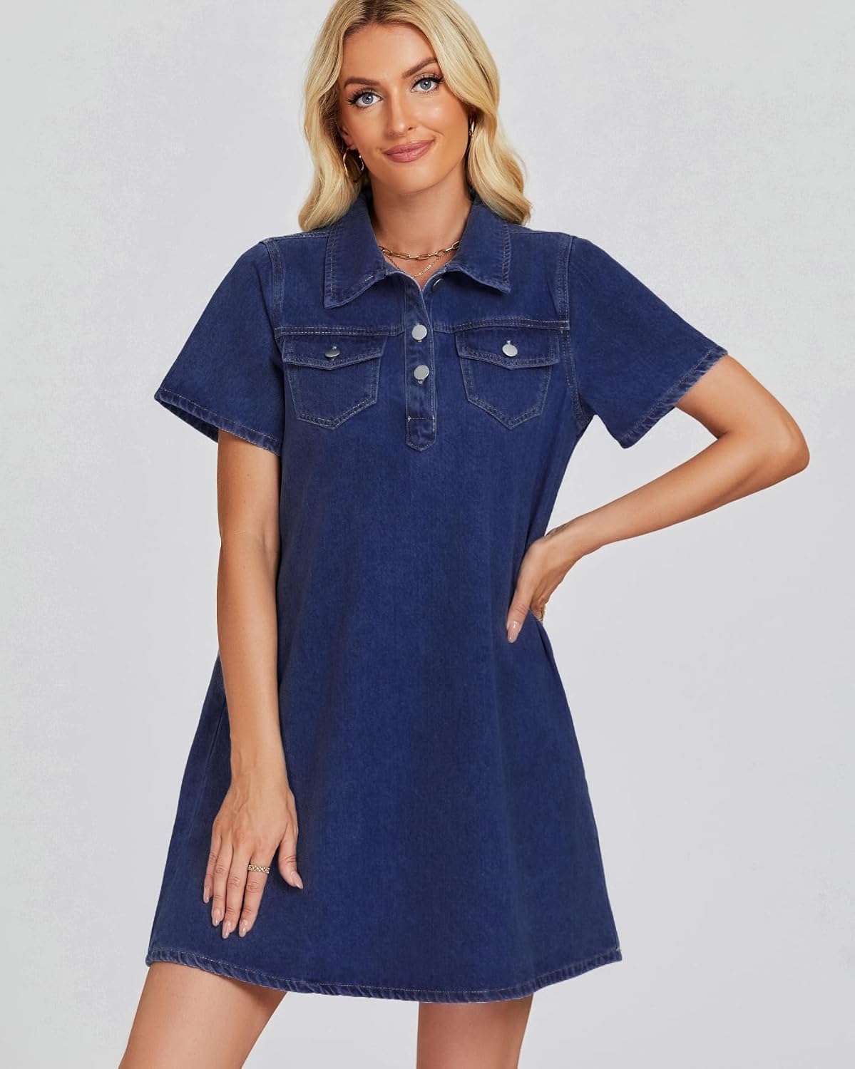 Womens Denim Shirt Dress Summer Collared V Neck Mini Casual Jean Dresses with Pockets - Image 4
