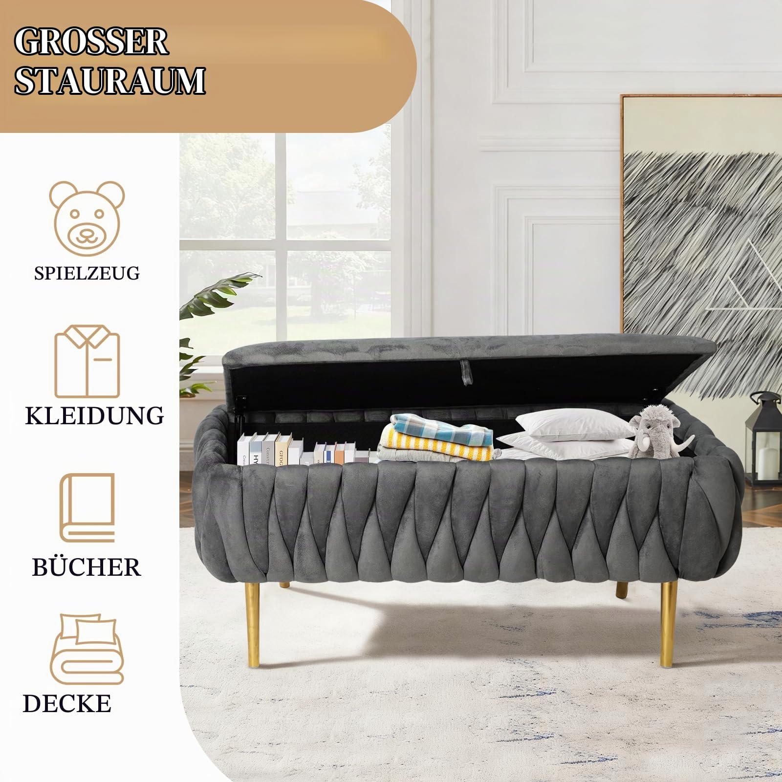 Sitzbank mit Stauraum, Aufbewahrungsbank, Samt Bettbank mit Metallbeinen, Polsterbank Hockerbank für Wohnzimmer, Schlafzimmer, Flur, bis 300 kg Belastbar, 105 x 20 x 44cm (Grau)