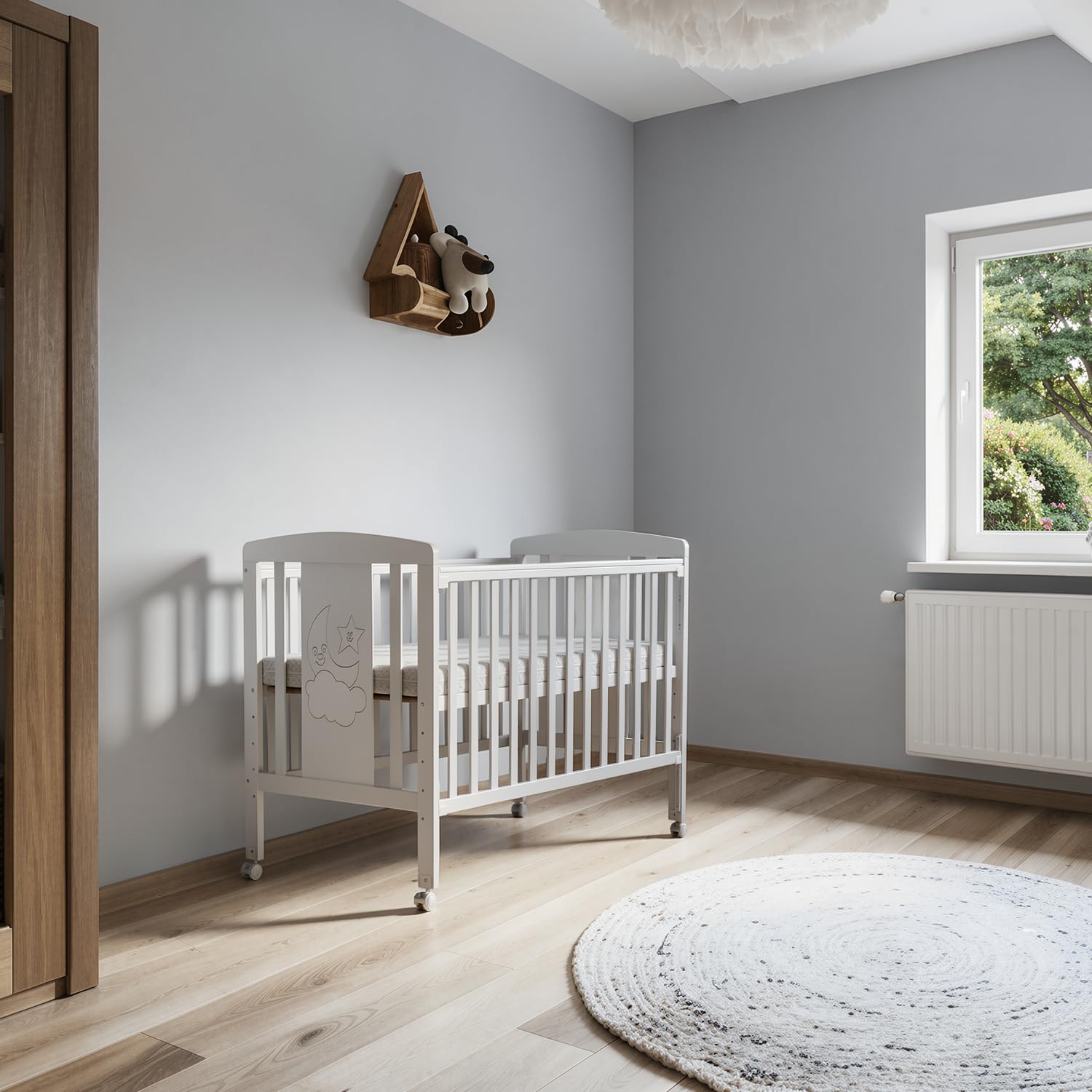 Lit en bois 3-en-1 pour bébé, berceau, lit convertible avec barrière de dentition, 5 positions réglables de base, matelas de 6 cm inclus, adapté de la naissance aux 4 ans, conforme à la norme EN716