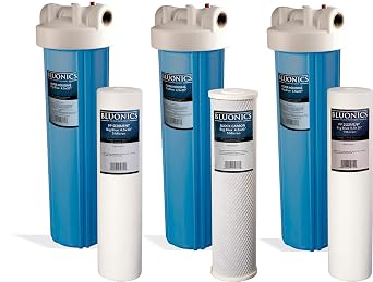 Bluonics Triple Whole House Water Filter for City & Well Water 3 Stage Home Water Filtration System with 4.5" x 20" Sediment and Carbon Filters. 1 Inch Inlet Outlet Connections