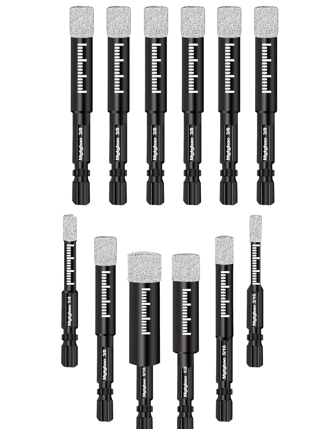 12PCS Dry Diamond Drill Bits Set, 10mm Core Drill bit for Granite Marble Tile Ceramic Stone Glass (NOT for Wood) Hex Shank for Porcelain Tile with 3/16,1/4, 5/16, 3/8, 1/2, 9/16
