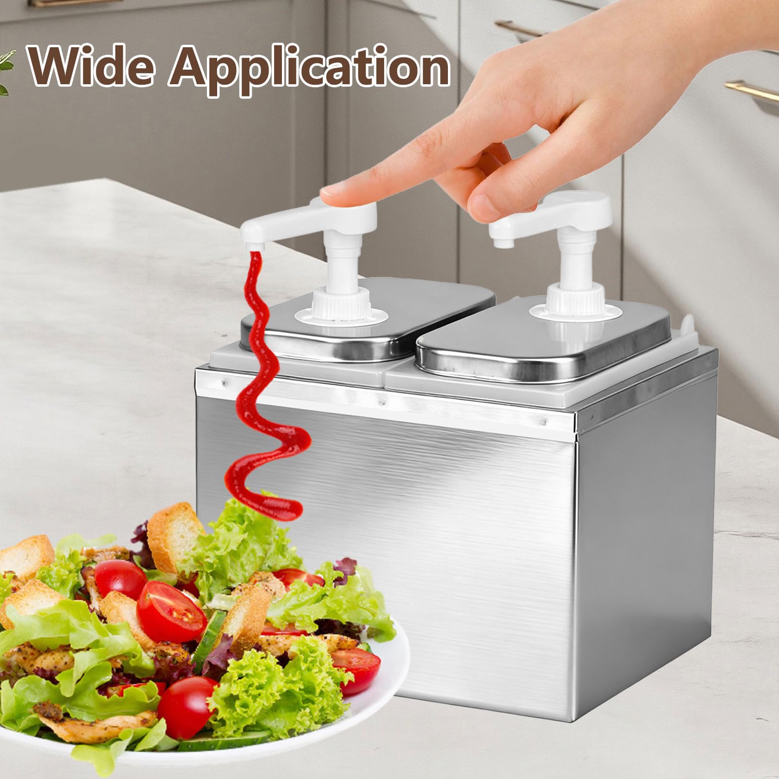 Dispensador de salsa de tomate de 4 litros, de acero inoxidable 304, apto para alimentos, 2 cabezales x 2 l, sin goteo, 30 ml por pulsador, apto para lavavajillas, ideal para ketchup, mayonesa, miel