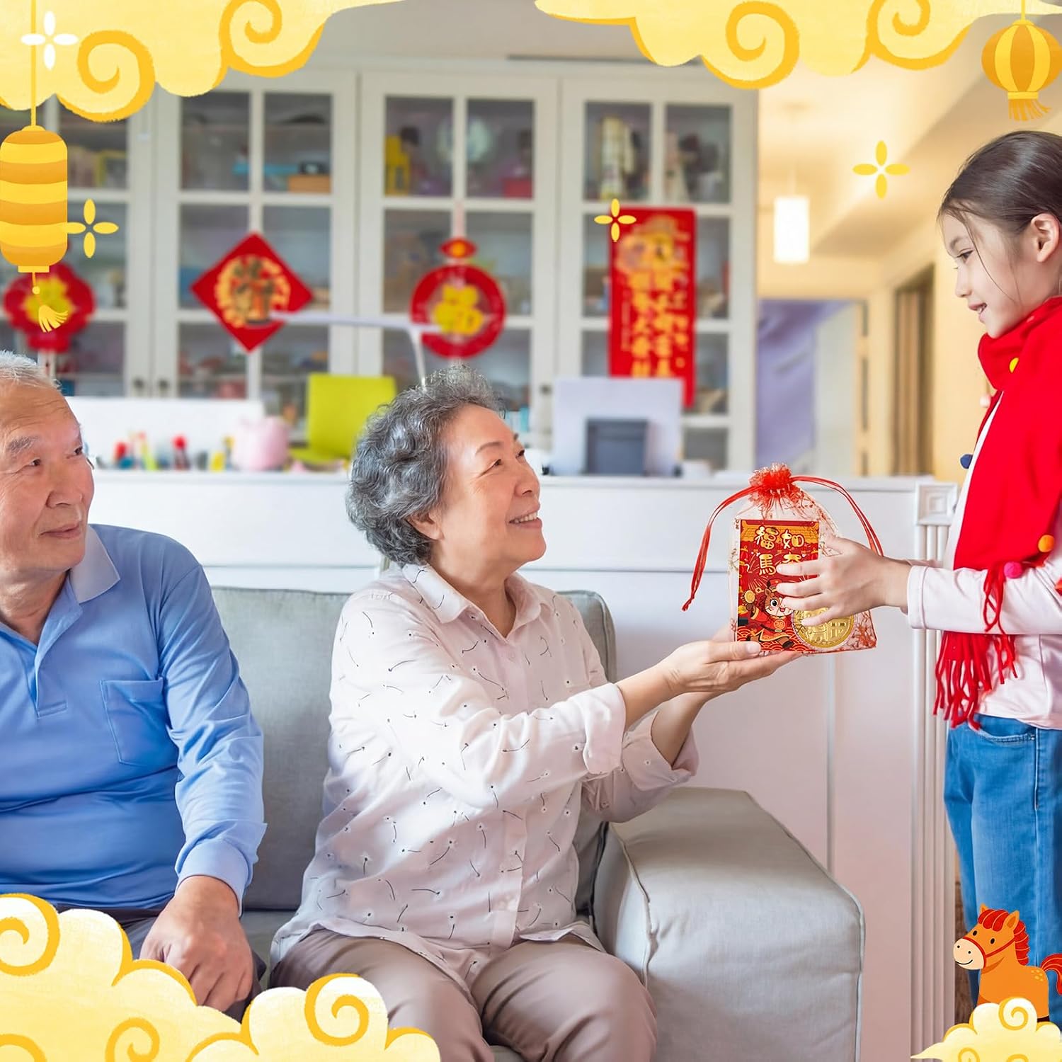Junkin 100 Set Chinese New Year Gift Horse Lucky Coins Red Commemorative Cards 2026 Lunar New Year Gift Feng Shui Red Packet Lucky Contains Chinese Feng Shui Coins with Bag (Cute Horse Style)