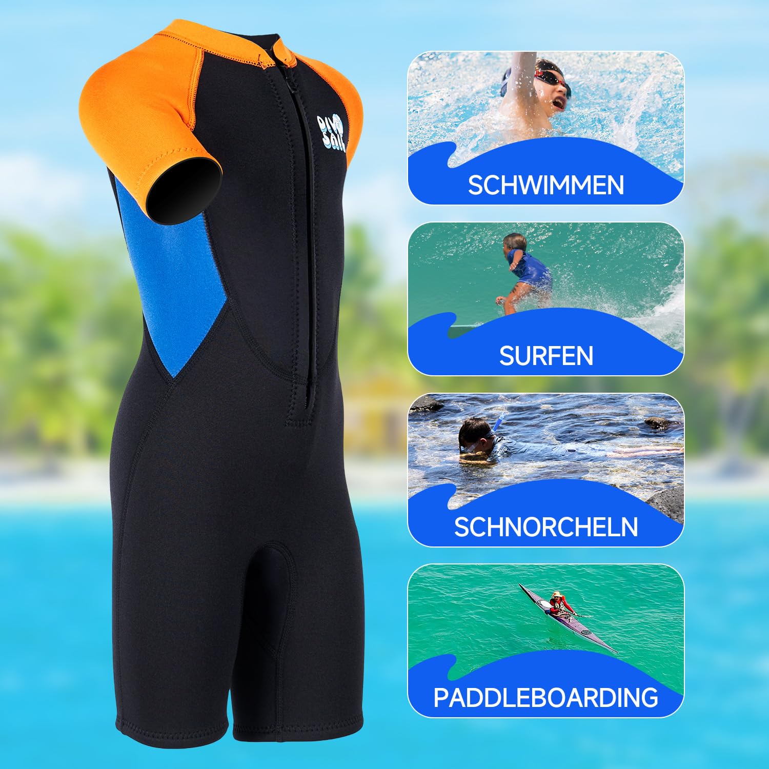 Short en néoprène pour enfant - 2,5 mm - En néoprène - Pour garçons et filles - Garde au chaud sur le devant - Pour la natation, la plongée en apnée, le surf, la plongée