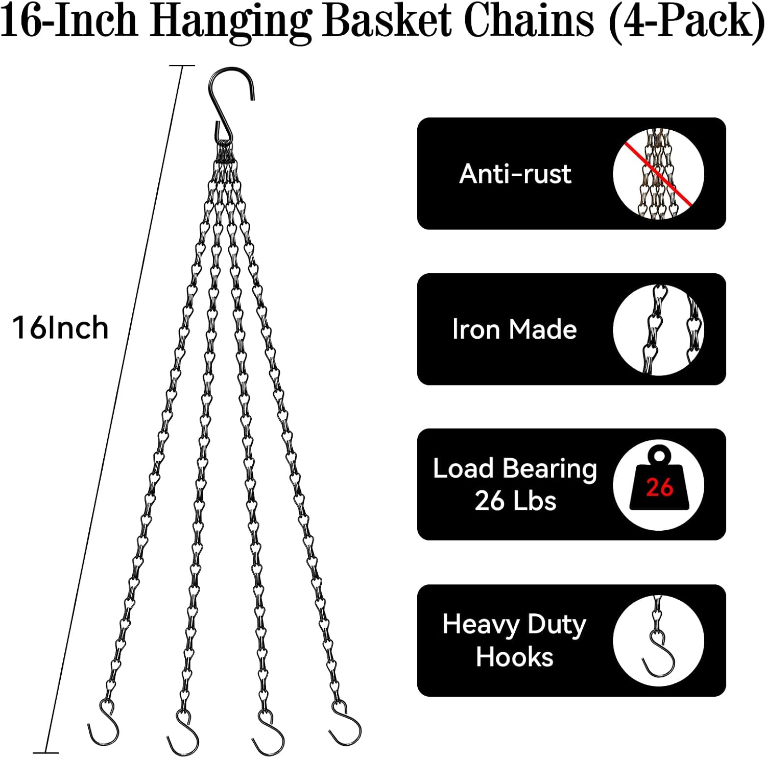 ZeeDix 4 Pack, 16 Inch Hanging Basket Chain with Hooks, Black Metal Planter Flower Pot Chain for Hanging Plants Outdoor, Adjustable Replacement Chain for Lanterns, Bird Feeders and Flowers
