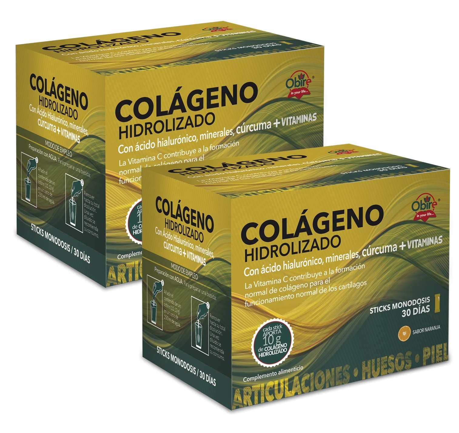 Obire | Colágeno Hidrolizado 10 gr. con Ácido Hialurónico, Minerales, Cúrcuma y Vitaminas | Piel Radiante y Salud Articular | 30 Stick (Pack 2 Unidades)