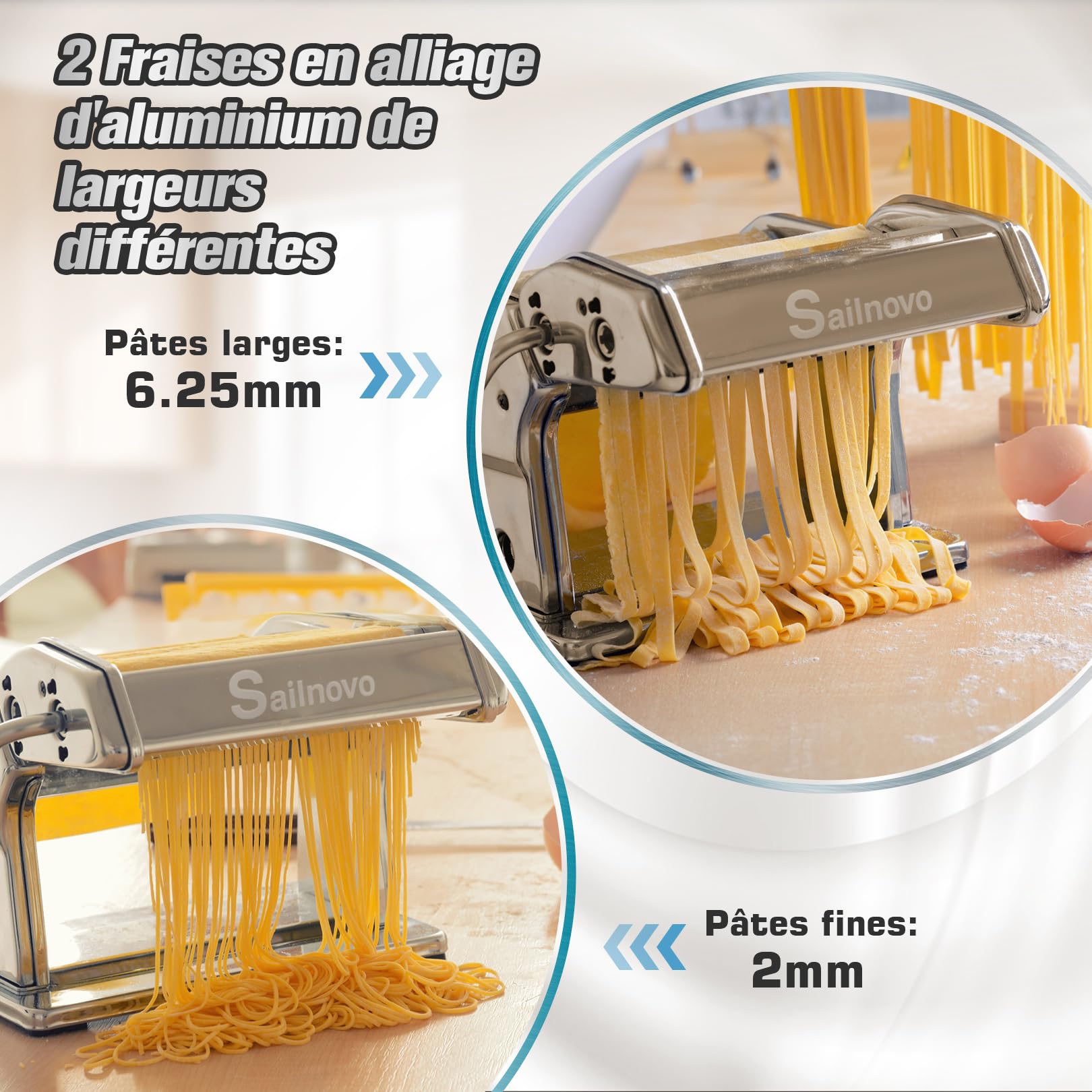 Sailnovo Machine a Pates Fraiche, 180 Aluminium Machines à Pâtes avec 9 Réglages d'épaisseur Réglables et 2 Cutters, Pasta Maker est Parfait Pour Les Pâtes, les pâtes, Laminoir a Pate (Argent)
