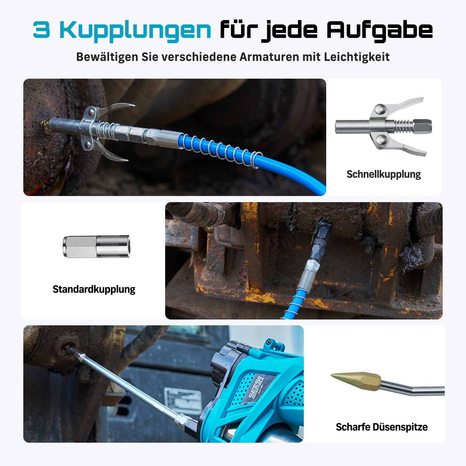 Seesii Akku Fettpresse Set: 10000 PSI Hochleistungs Elektrische Fettpresse mit 4,6 oz/min, 2 Akkus, 39,4" langem Schlauch, 90-Grad-Kupplung und 3 Mundstücks für Schnelleres und Müheloses Schmieren