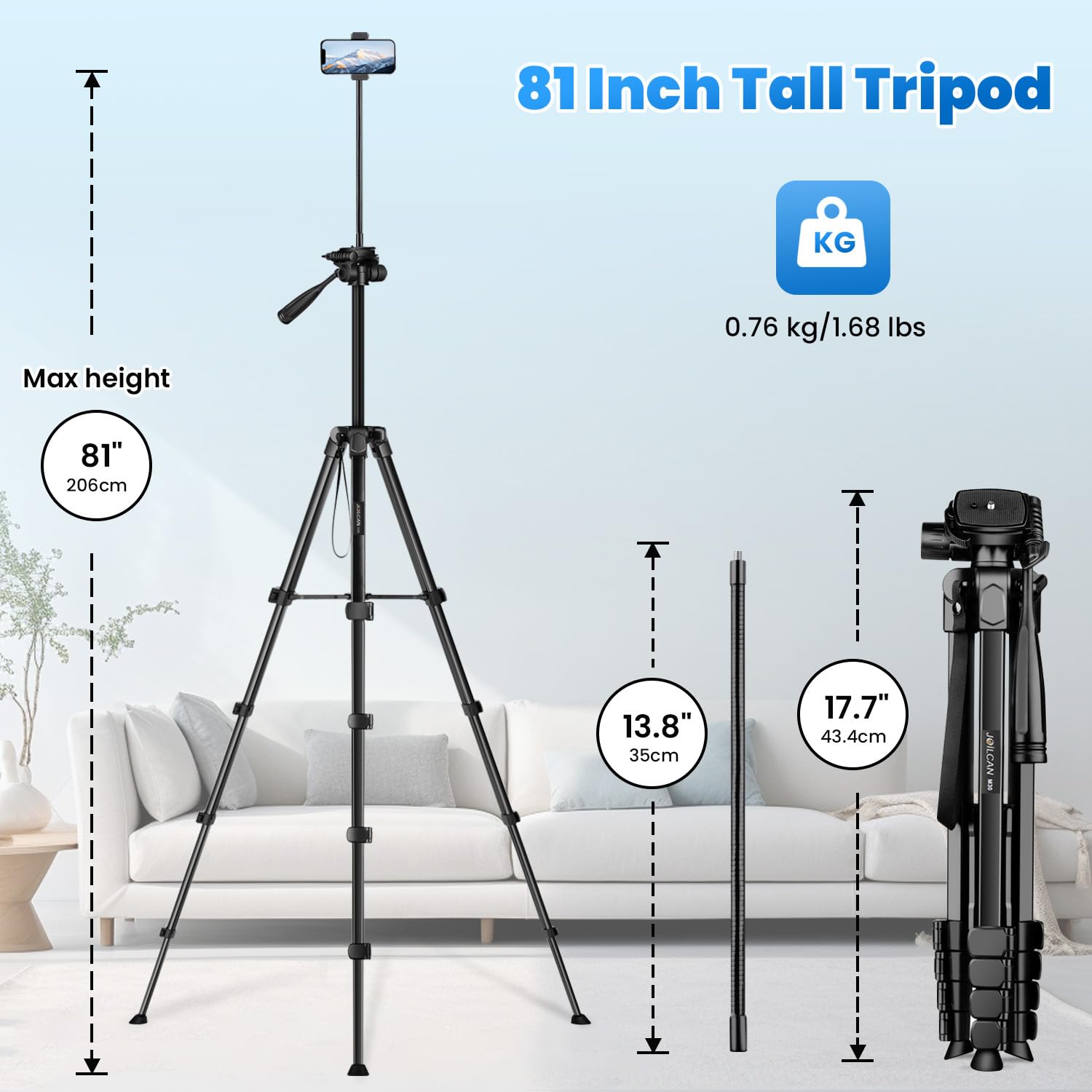 JOILCAN 206cm Stativ Kamera mit 35cm Schwanenhals, Handy Stativ mit Fernauslöser & Handyhalterung für Smartphone, Aluminium Dreibein Sative für DSLR Canon Nikon, Leichtes Reisestativ Kamera Tripod
