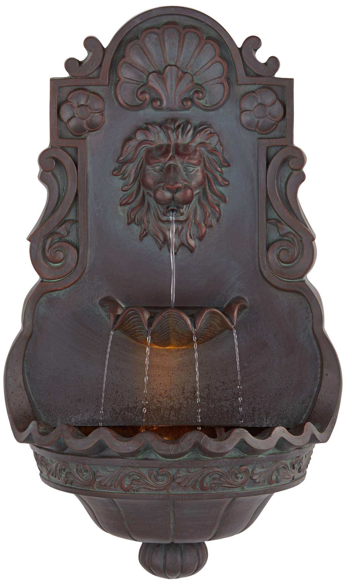 Royal Lion Head 31 1/2" High Large Rustic Indoor Outdoor Decor Bronze Wall Fountain with Light LED Statue Waterfall Tiered Basin Water Feature for Outside Garden Patio Yard Backyard - John Timberland