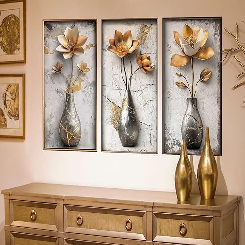 Runtoo 3D Flower Wall Art Stickers Gold Floral Vase Wall