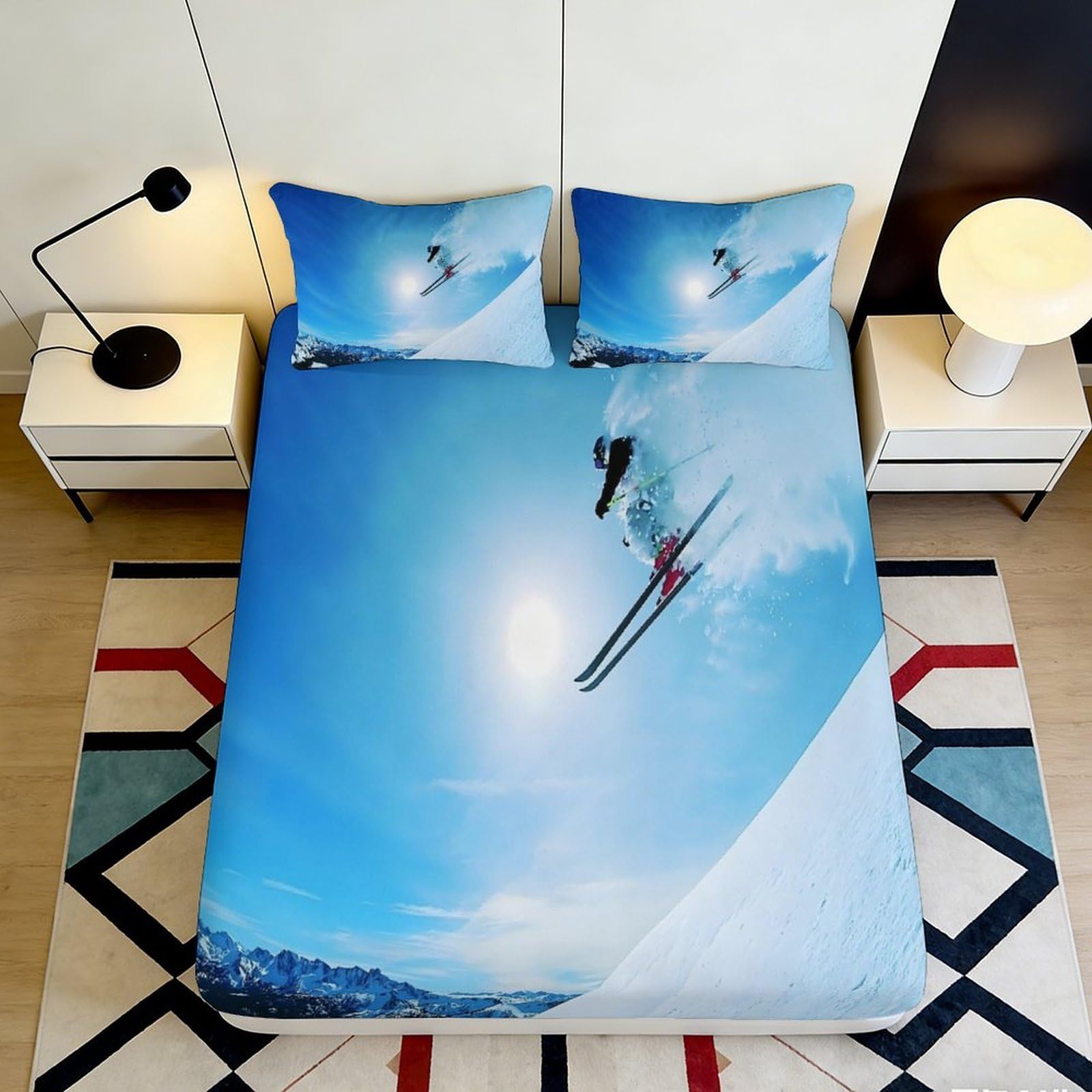 3D Printed Ski Adventure Fitted Sheet Microfiber Blue Mountain Sunrise Mattress Cover Anti-Slip for Bedroom Guest Room 160x200x25cm