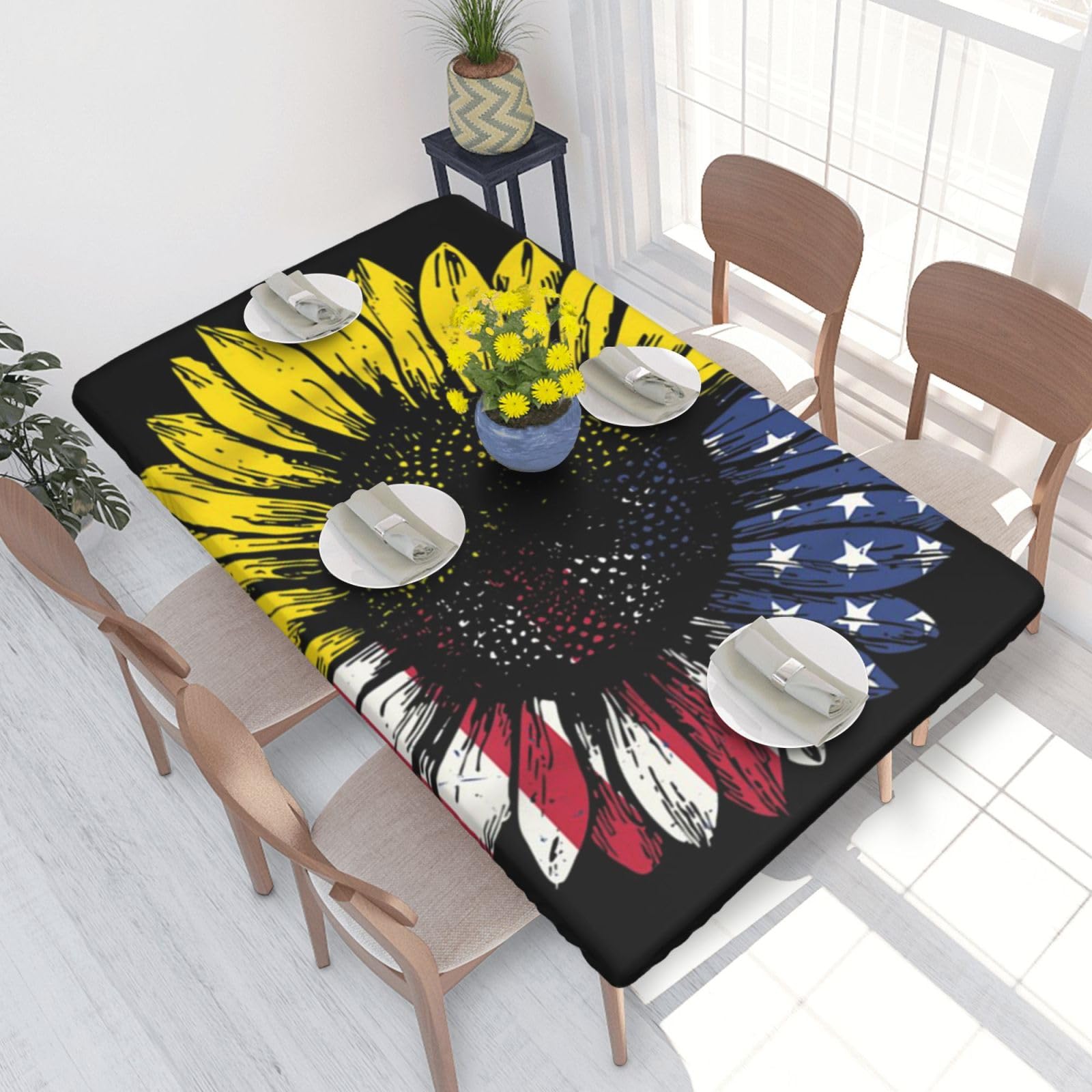 BNVSADC Sunflower American Flag Printed 4FT Tablecloth 122x76 CM Polyester Kitchen Water Resistant Table Cloth Dining Table Decoration Table Covers