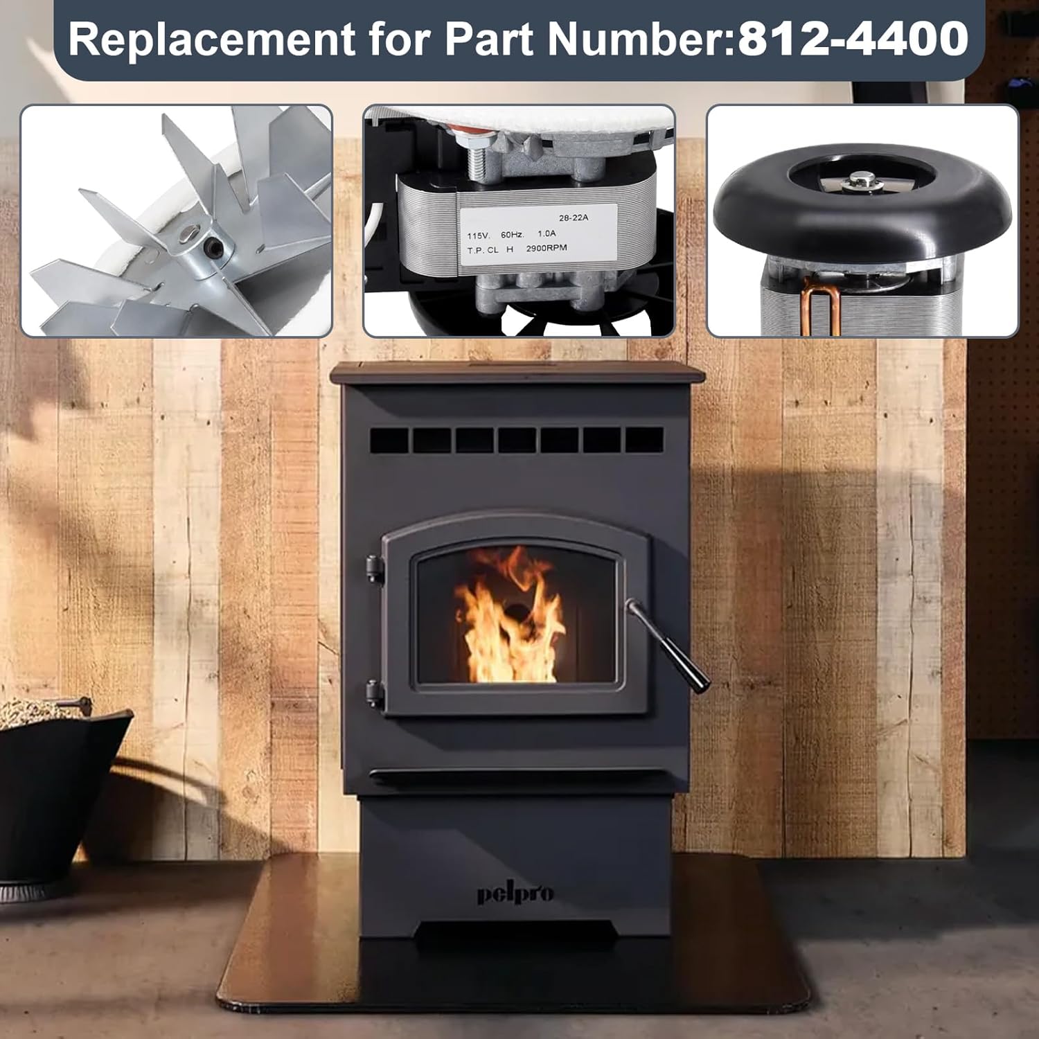 812-4400 Exhaust Blower Fan Motor for PelPro PP130, PP60, Quadrafire Santa Fe & Castile, Pleasant Hearth PH35PS, PH50CABPS, Heatilator Eco-Choice PS35 Pellet Stove