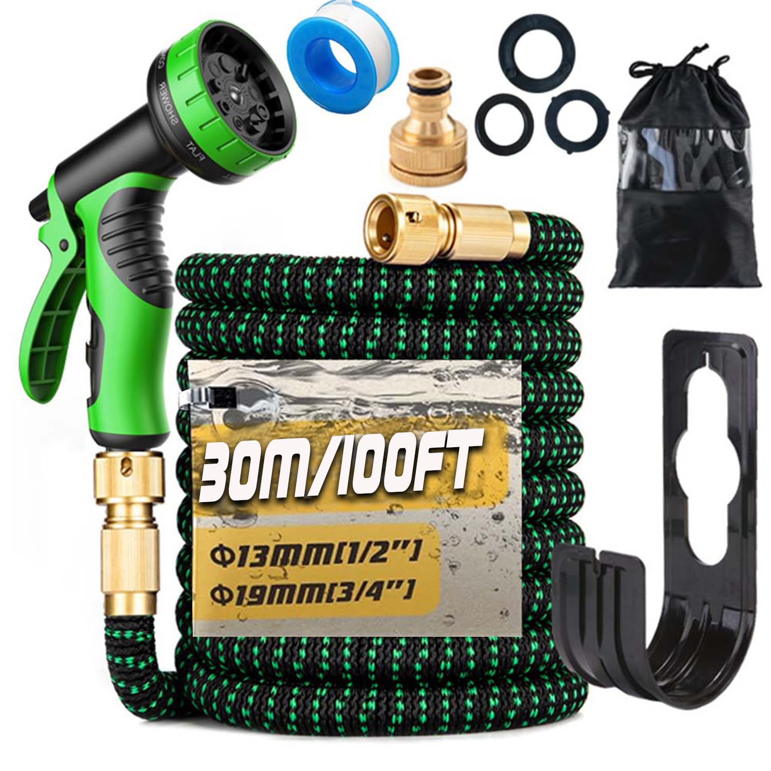 Gziztx 100FT/30M Expandable Garden Hose Flexible Magic Garden Hose Pipe with 3/4" 1/2" Fittings, 10 Function Spray Nozzle, 3-Layer Latex Tube (Black+Green)