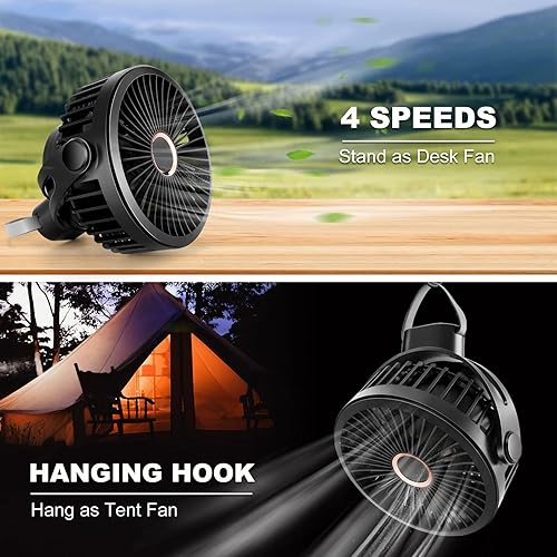Miniatura 2 de Odoland Ventilador recargable de campamento de 10000 mAh con mosquetón de gancho para colgar, ventilador portátil de tienda de campaña, flujo de