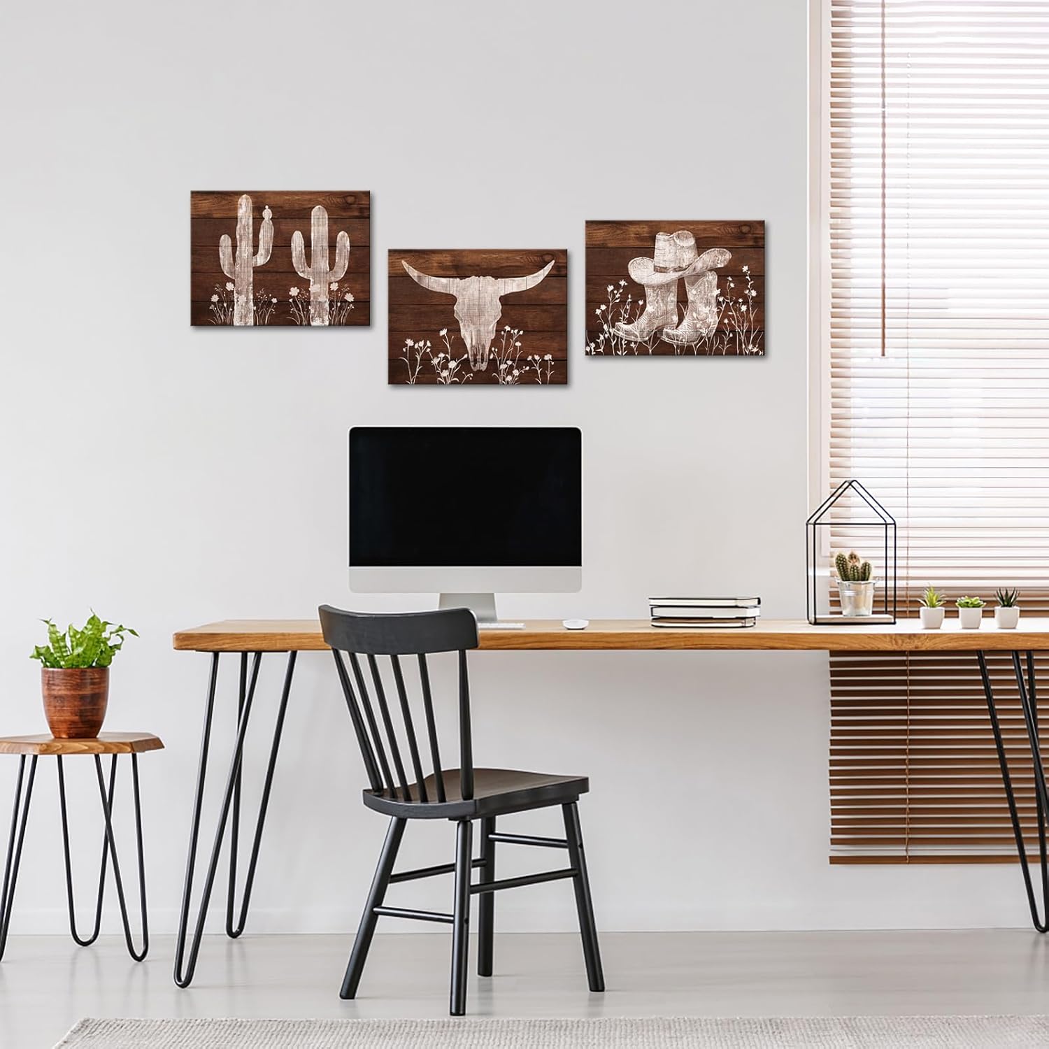 Visual Art Decor Western Wall Decor Cow Canvas Wall Art Cowboy Room Decor Picture Farmhouse Decoration, Framed 12x16inchx3Piece, Vintage Brown