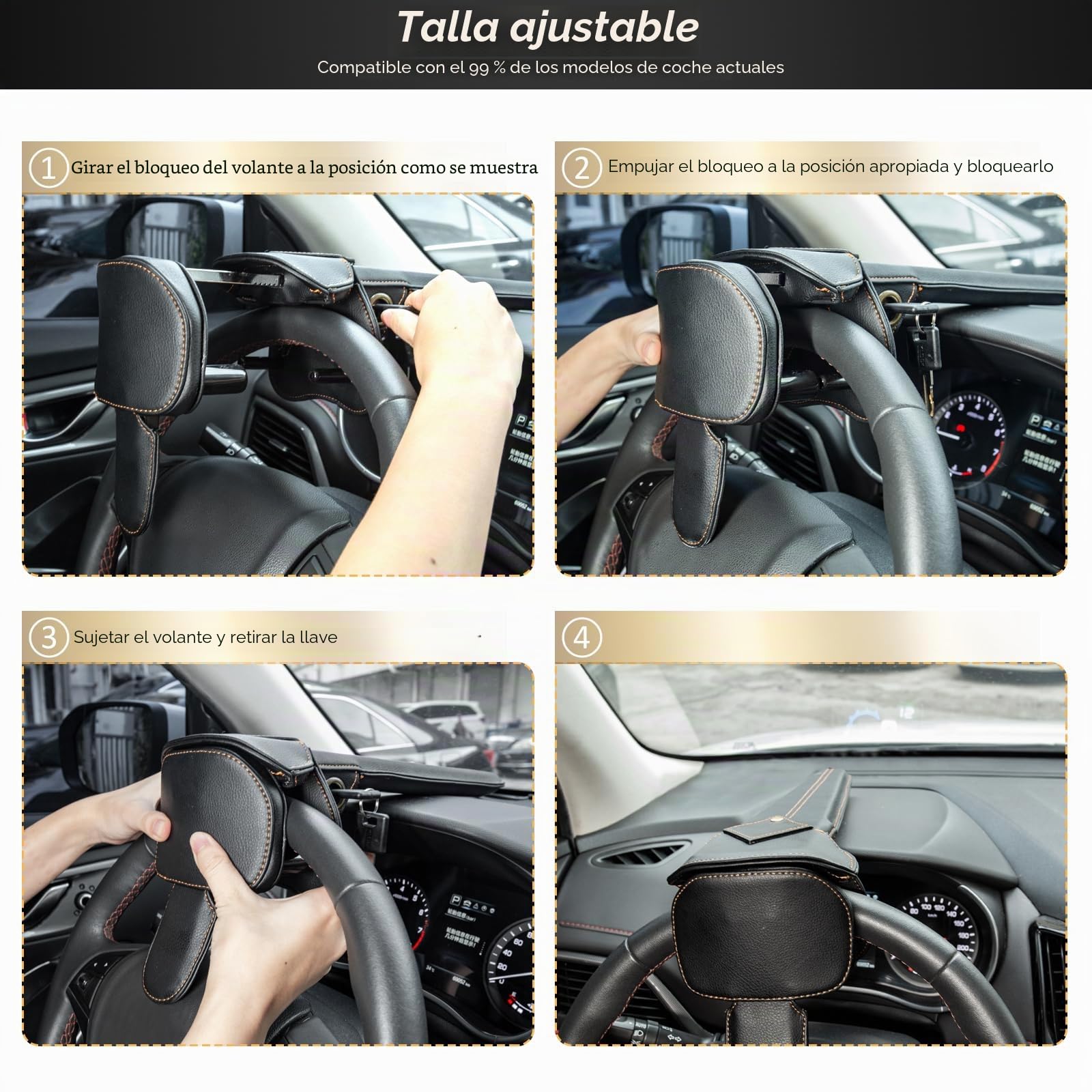 Gancho de Seguridad para Volante con Doble Protección Antirrobo | Bloqueo de Volante para Coche con Inmovilizador Ajustable Universal Cubierta de Cuero 2 Llaves Negro Autocaravana SUV