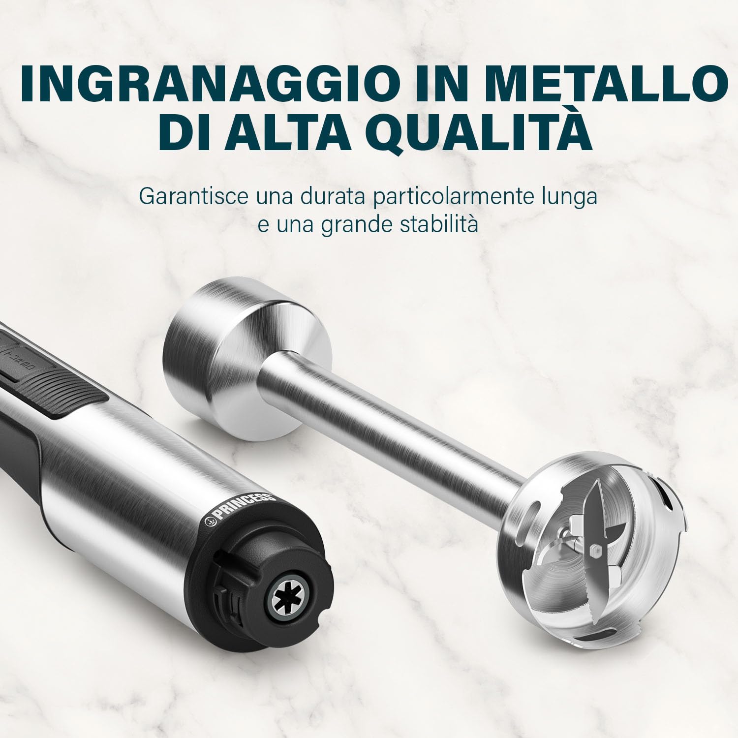 Princess Frullatore a Immersione in Acciaio Inox Prof XXL, 1500W, Asta Extra Lunga 50 cm, 5 Velocità + Turbo, 4 Lame, Bicchiere con Coperchio, Parti Lavabili, 221233